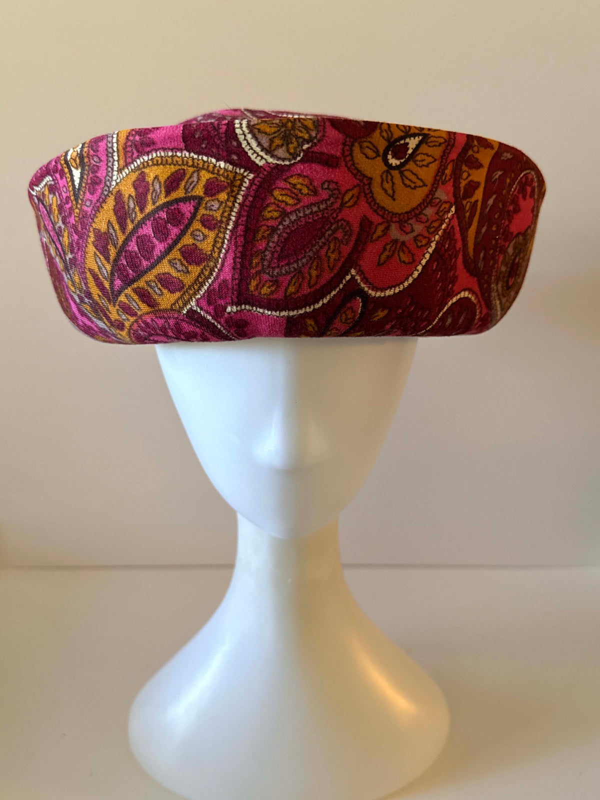 Vintage 1960s Mr Lewis Paisley Hat Pink Burgundy Mustard Wide Brim Mod Women's Hat Mid Century Millinery