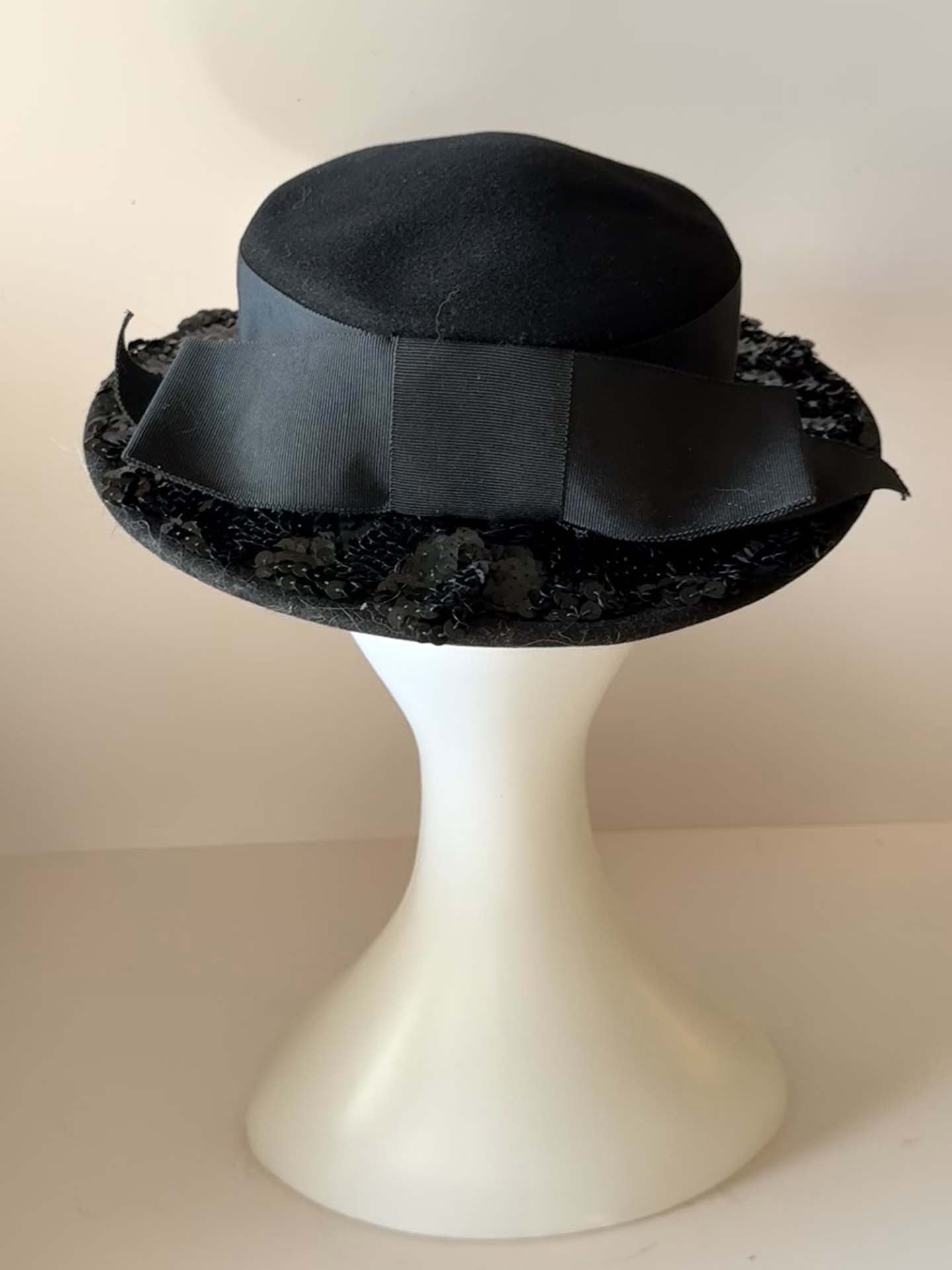 Vintage Black Sequined Cocktail Hat | Mr. John Classic Velvet Tilt Hat | 1950s Evening Fascinator