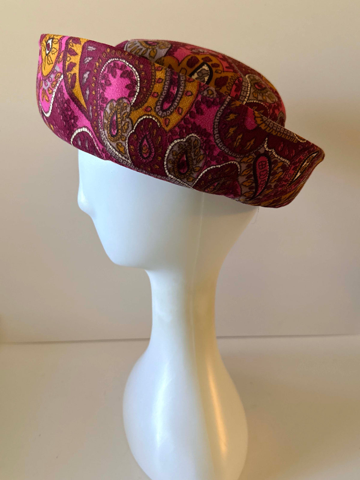 Vintage 1960s Mr Lewis Paisley Hat Pink Burgundy Mustard Wide Brim Mod Women's Hat Mid Century Millinery