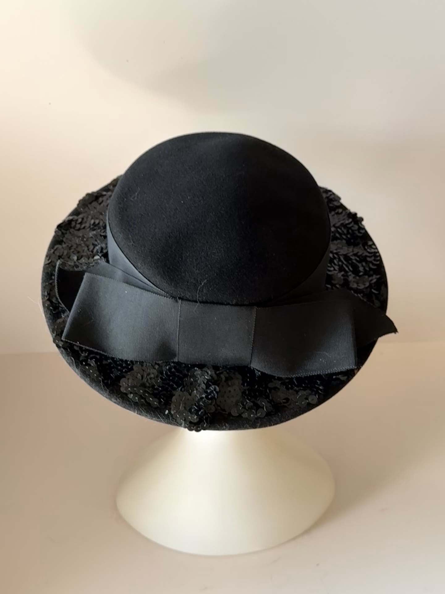 Vintage Black Sequined Cocktail Hat | Mr. John Classic Velvet Tilt Hat | 1950s Evening Fascinator
