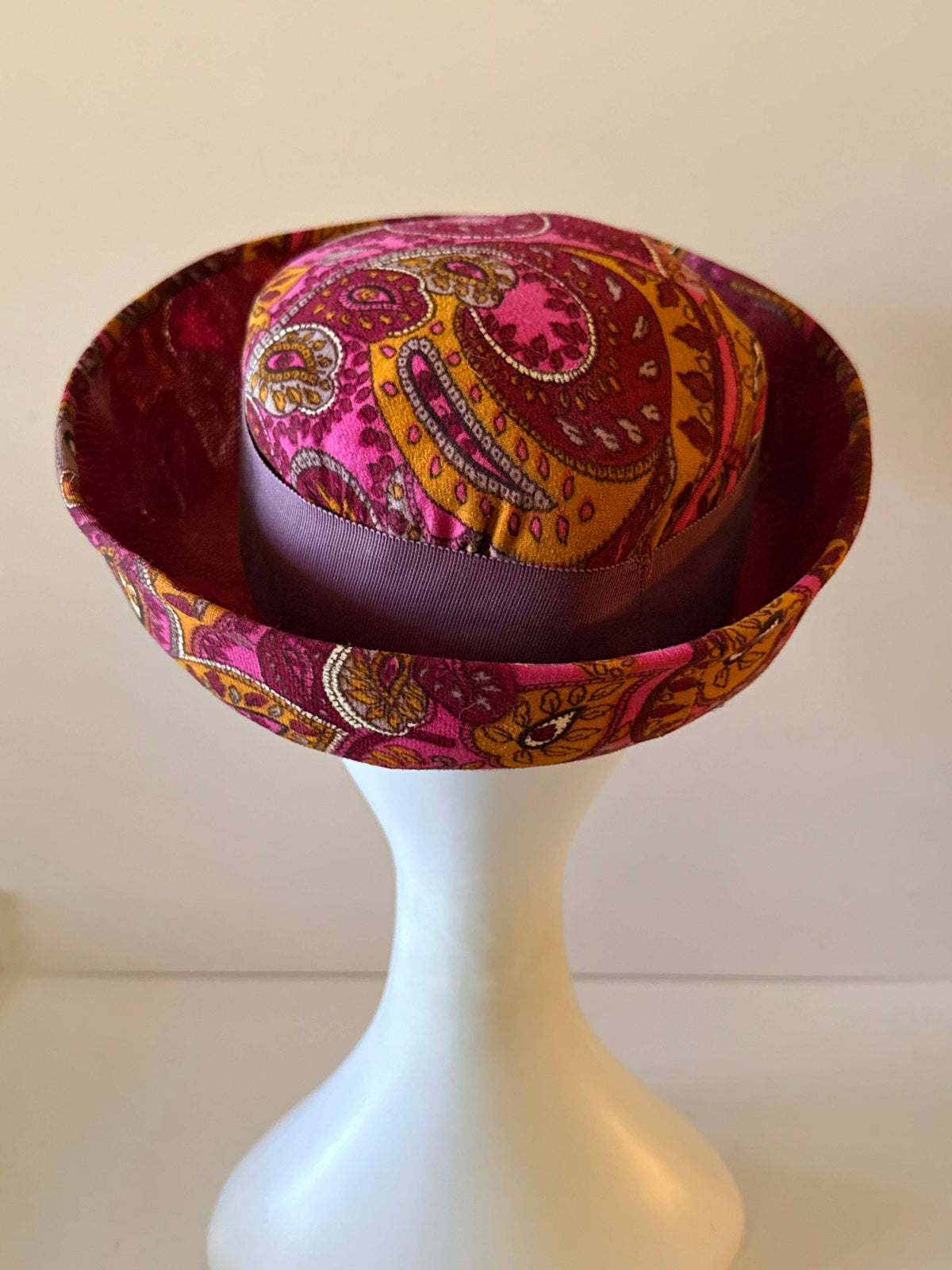 Vintage 1960s Mr Lewis Paisley Hat Pink Burgundy Mustard Wide Brim Mod Women's Hat Mid Century Millinery