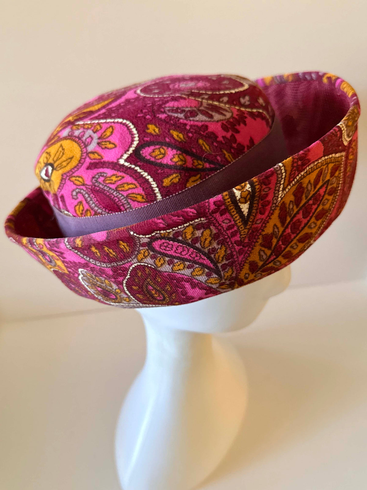 Vintage 1960s Mr Lewis Paisley Hat Pink Burgundy Mustard Wide Brim Mod Women's Hat Mid Century Millinery