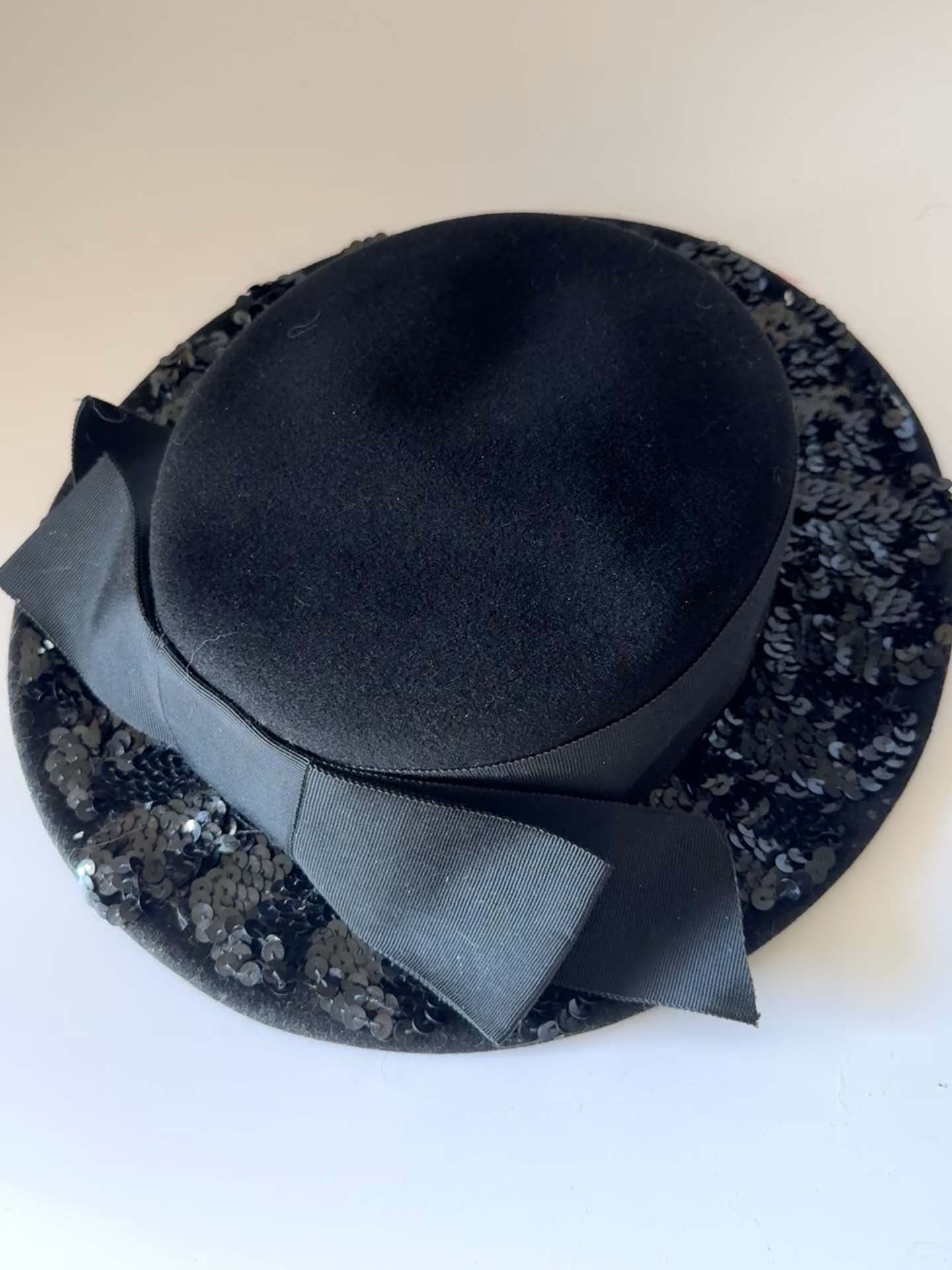 Vintage Black Sequined Cocktail Hat | Mr. John Classic Velvet Tilt Hat | 1950s Evening Fascinator