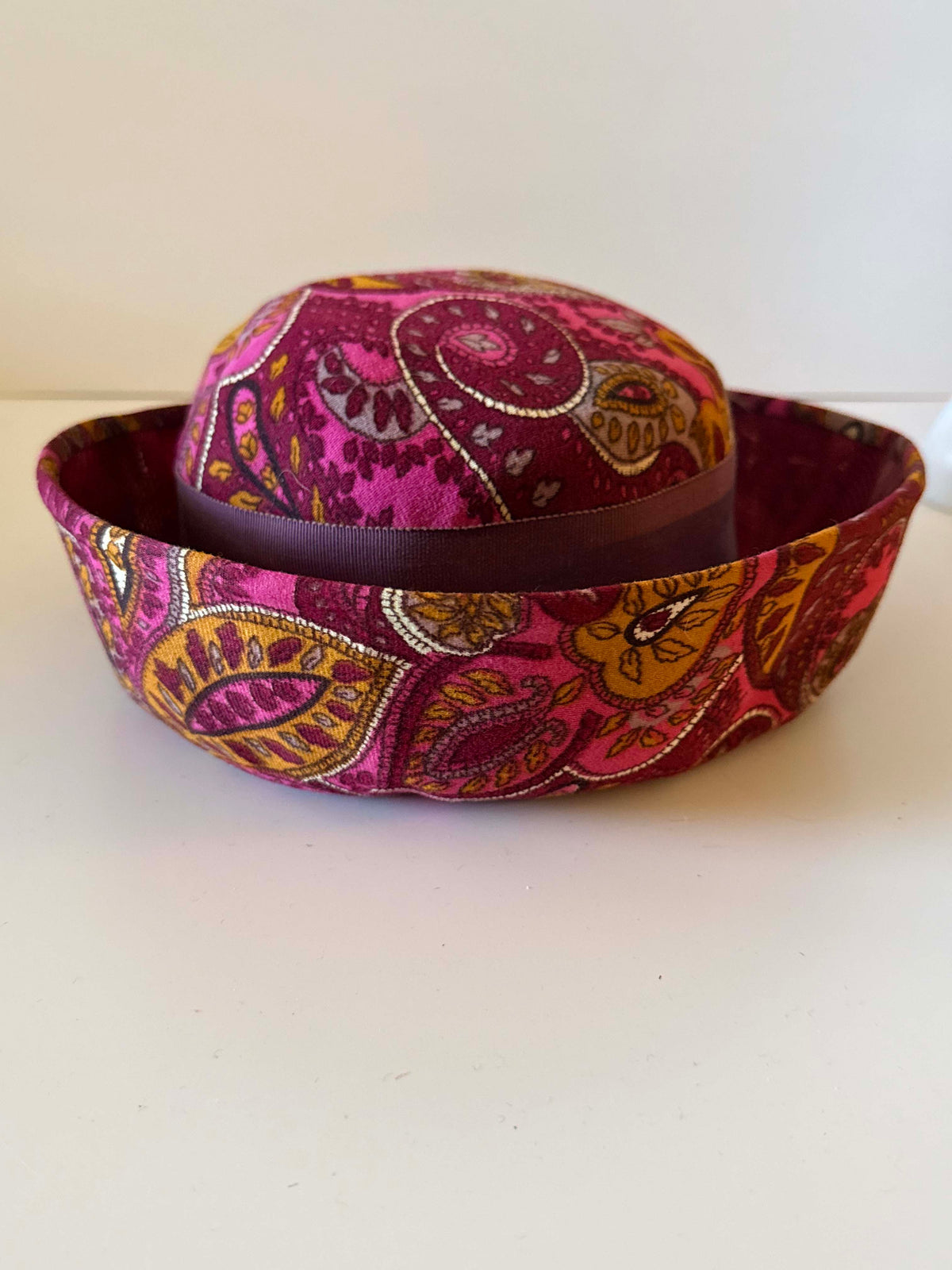 Vintage 1960s Mr Lewis Paisley Hat Pink Burgundy Mustard Wide Brim Mod Women's Hat Mid Century Millinery