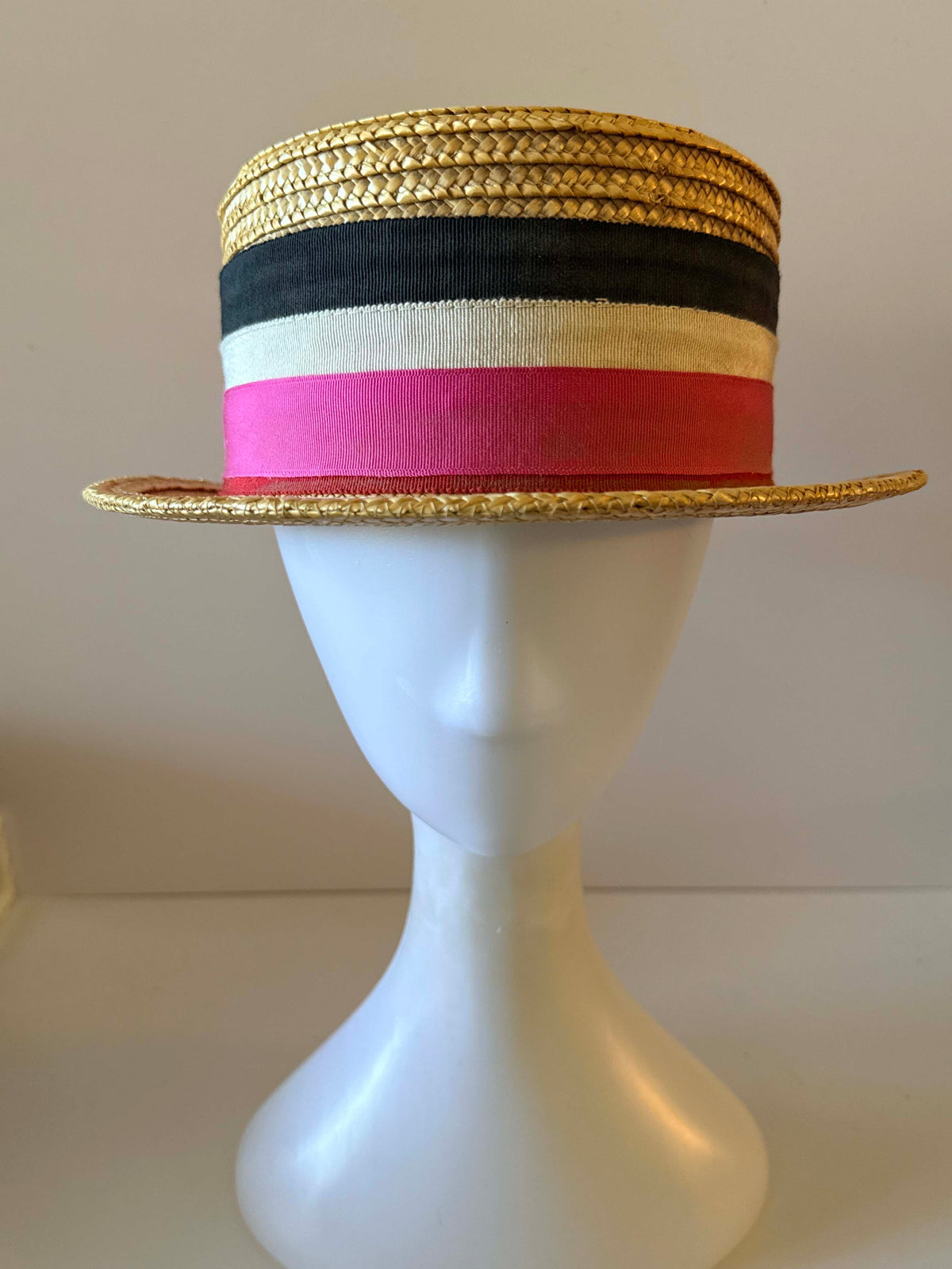 Vintage Italian Straw Boater Hat 1960s 1970s Pink Black White Ribbon Flat Crown Summer Hat Made in Italy