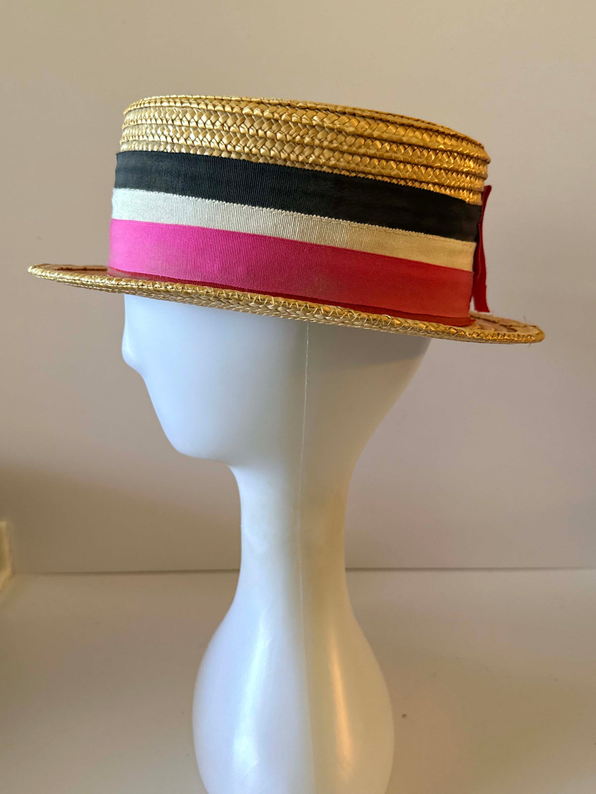 Vintage Italian Straw Boater Hat 1960s 1970s Pink Black White Ribbon Flat Crown Summer Hat Made in Italy
