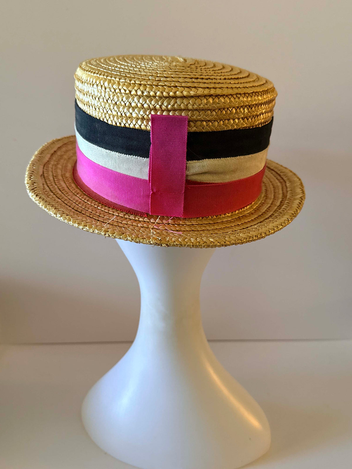 Vintage Italian Straw Boater Hat 1960s 1970s Pink Black White Ribbon Flat Crown Summer Hat Made in Italy