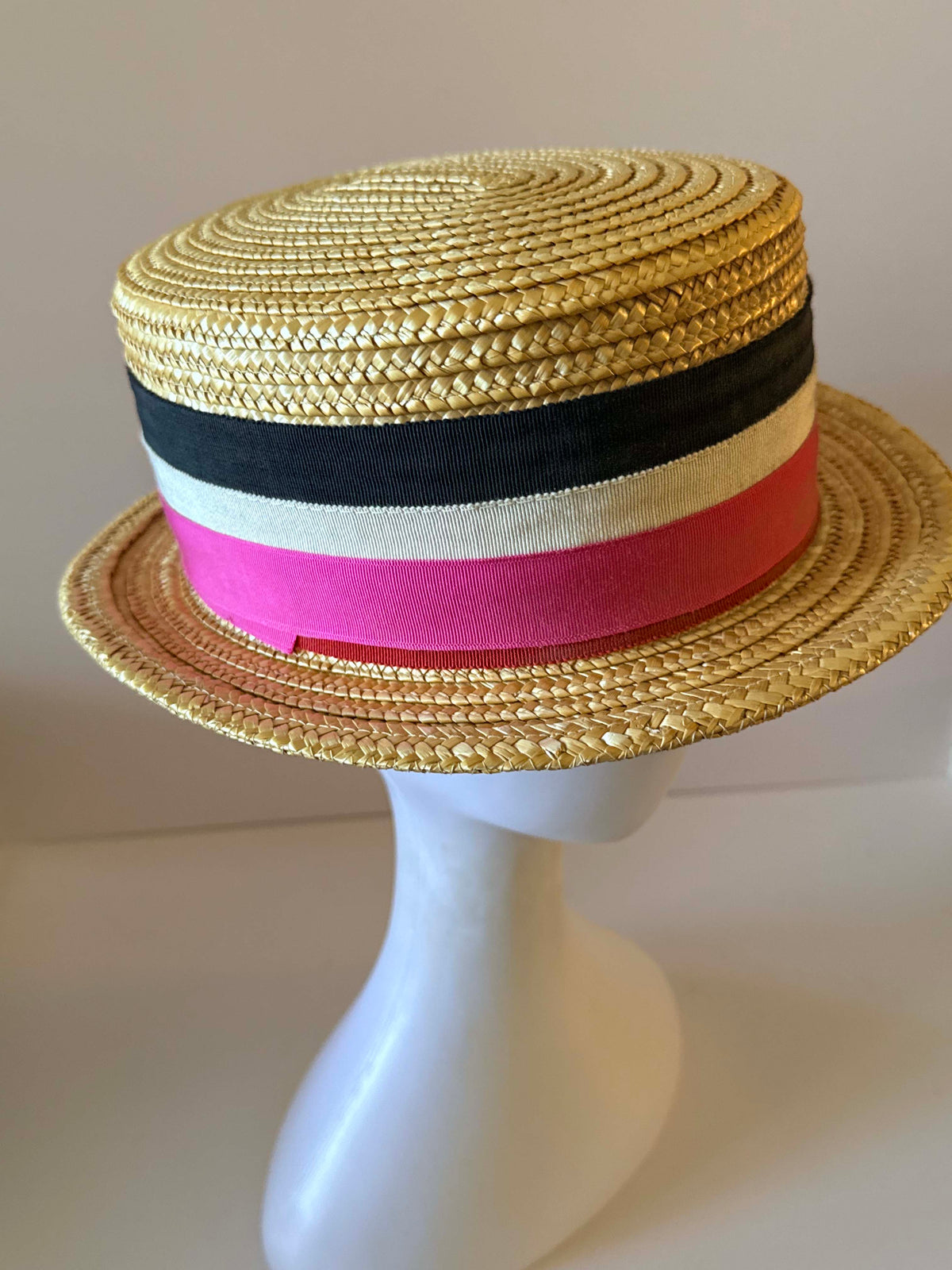 Vintage Italian Straw Boater Hat 1960s 1970s Pink Black White Ribbon Flat Crown Summer Hat Made in Italy