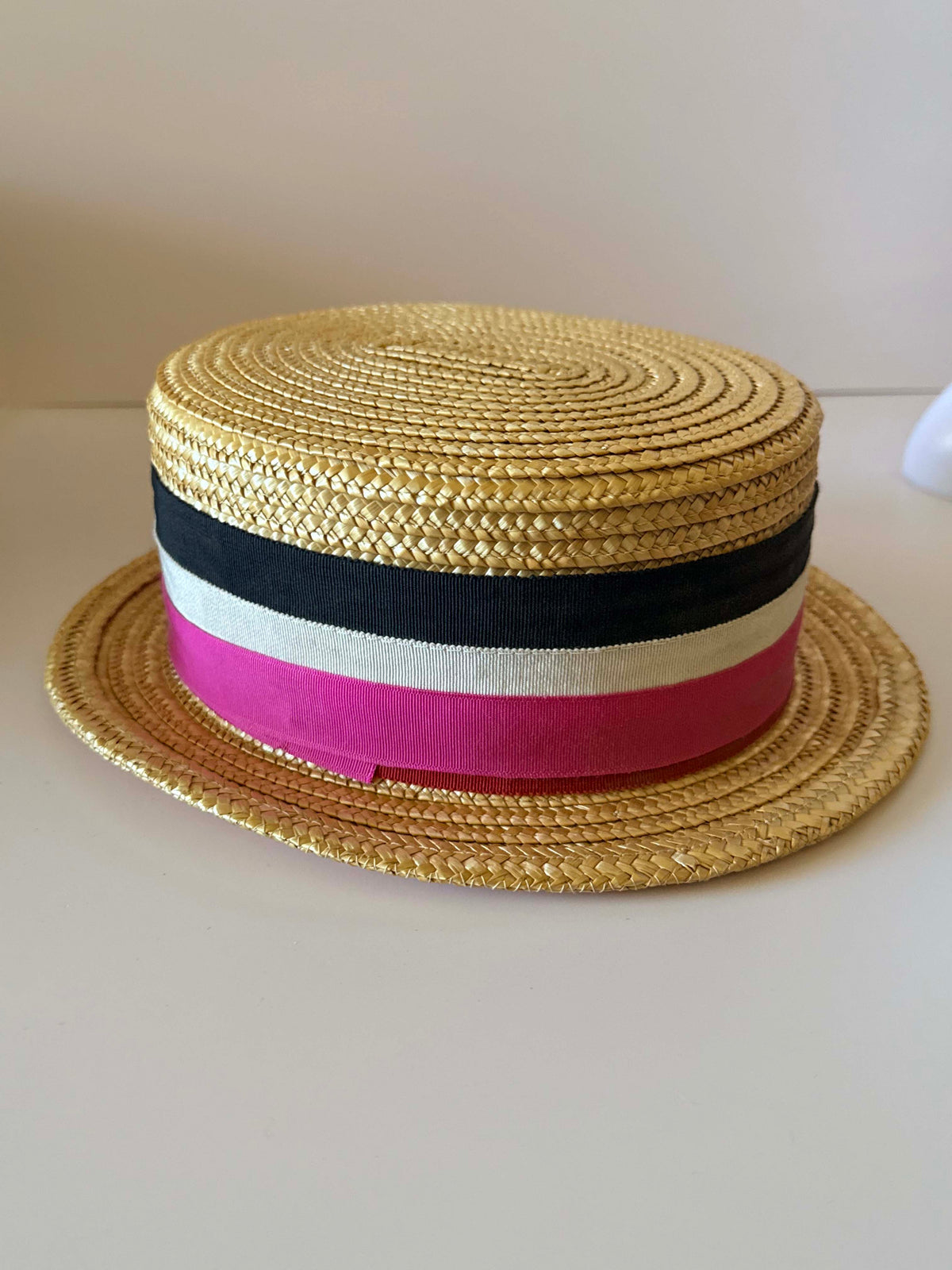 Vintage Italian Straw Boater Hat 1960s 1970s Pink Black White Ribbon Flat Crown Summer Hat Made in Italy