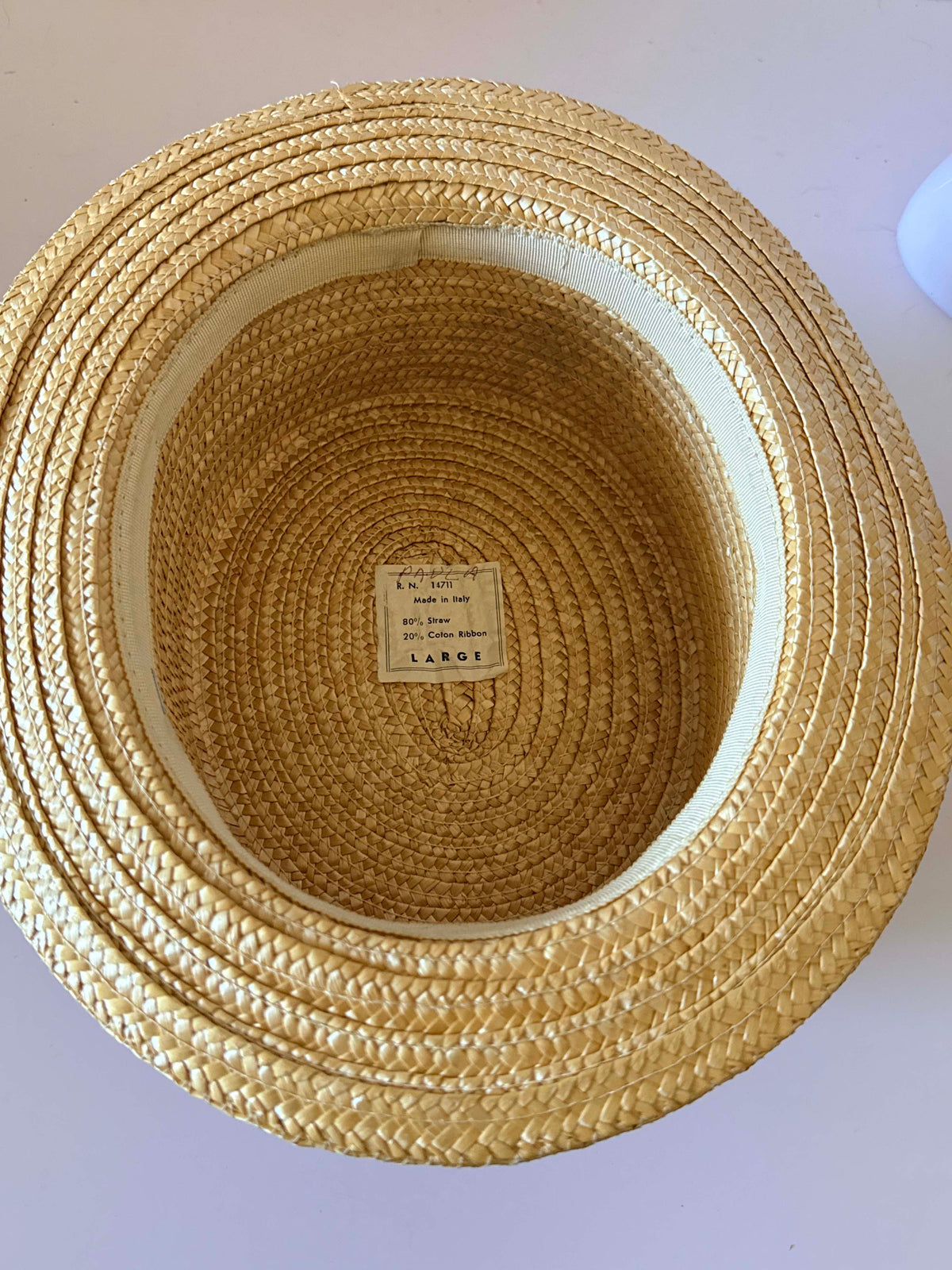 Vintage Italian Straw Boater Hat 1960s 1970s Pink Black White Ribbon Flat Crown Summer Hat Made in Italy