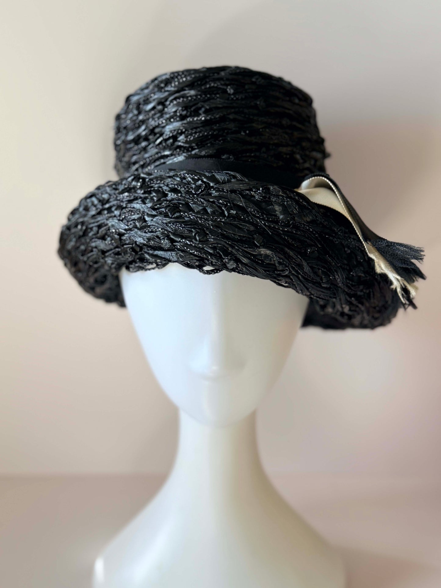 Vintage Schiaparelli Black Raffia Tilt Hat | 1950s Couture Cocktail Hat | Sculptural Italian Straw Fascinator