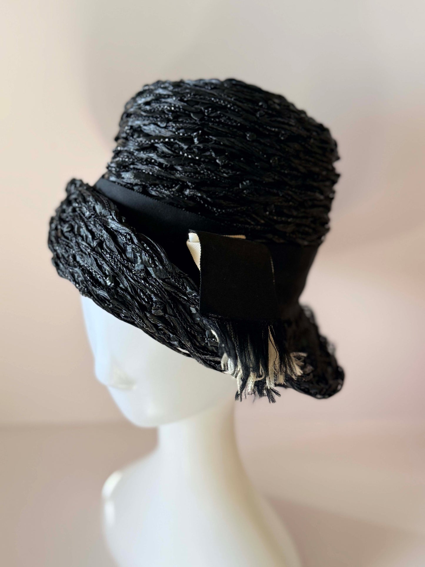 Vintage Schiaparelli Black Raffia Tilt Hat | 1950s Couture Cocktail Hat | Sculptural Italian Straw Fascinator