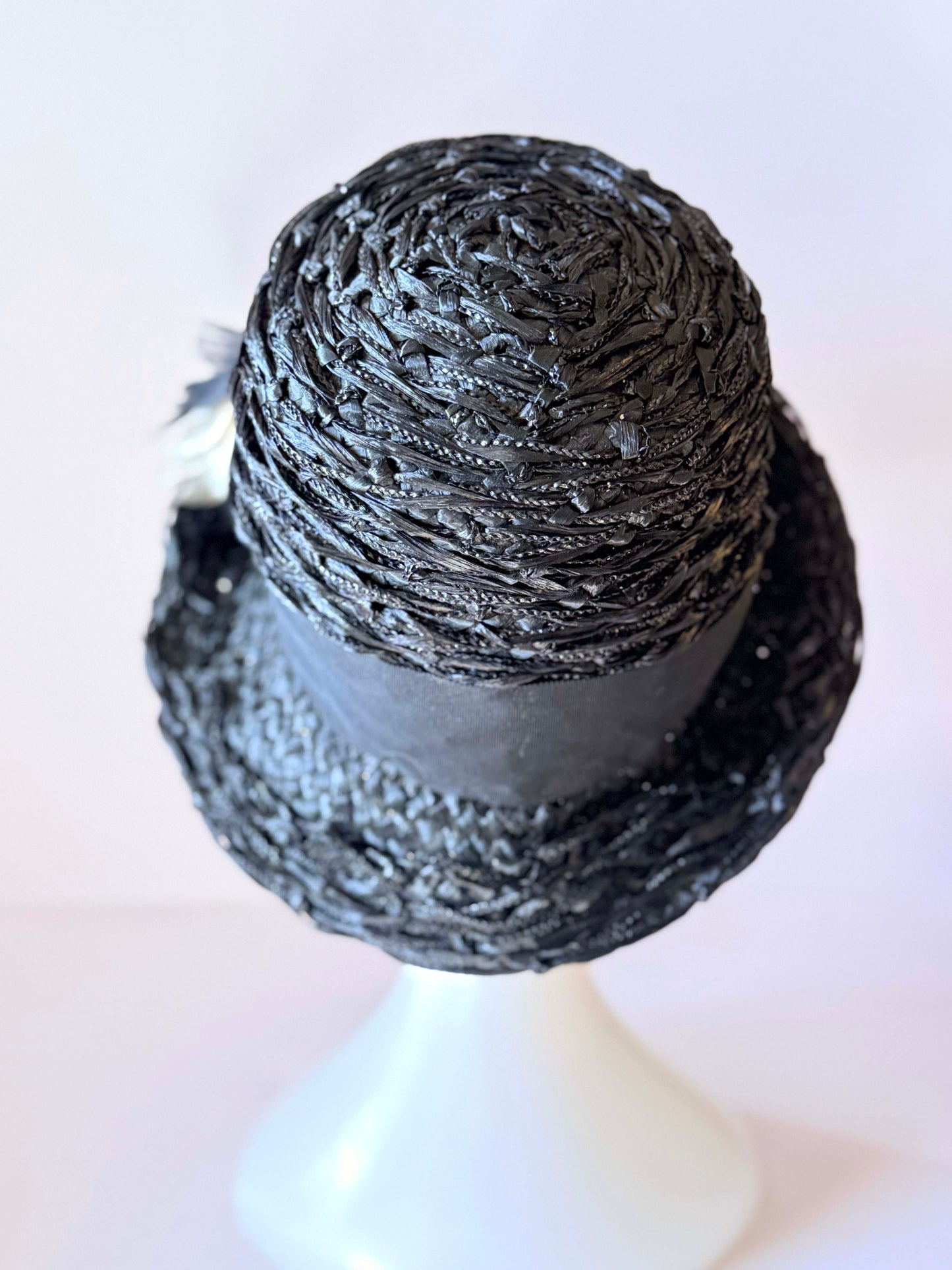 Vintage Schiaparelli Black Raffia Tilt Hat | 1950s Couture Cocktail Hat | Sculptural Italian Straw Fascinator