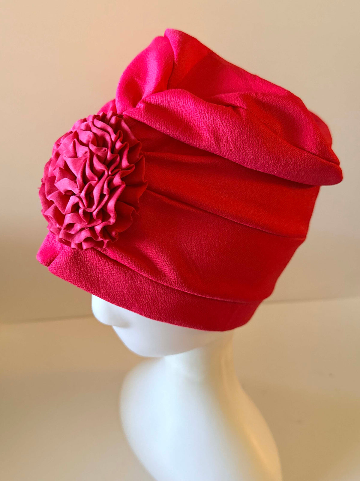 Vintage 1960s Hot Pink Turban Hat Fuchsia Draped Fabric Flower Cocktail Church Wedding Hat Retro Millinery