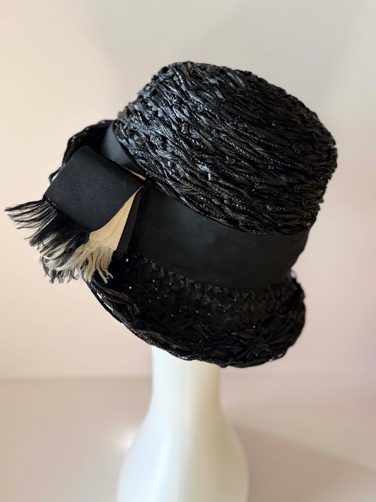 Vintage Schiaparelli Black Raffia Tilt Hat | 1950s Couture Cocktail Hat | Sculptural Italian Straw Fascinator