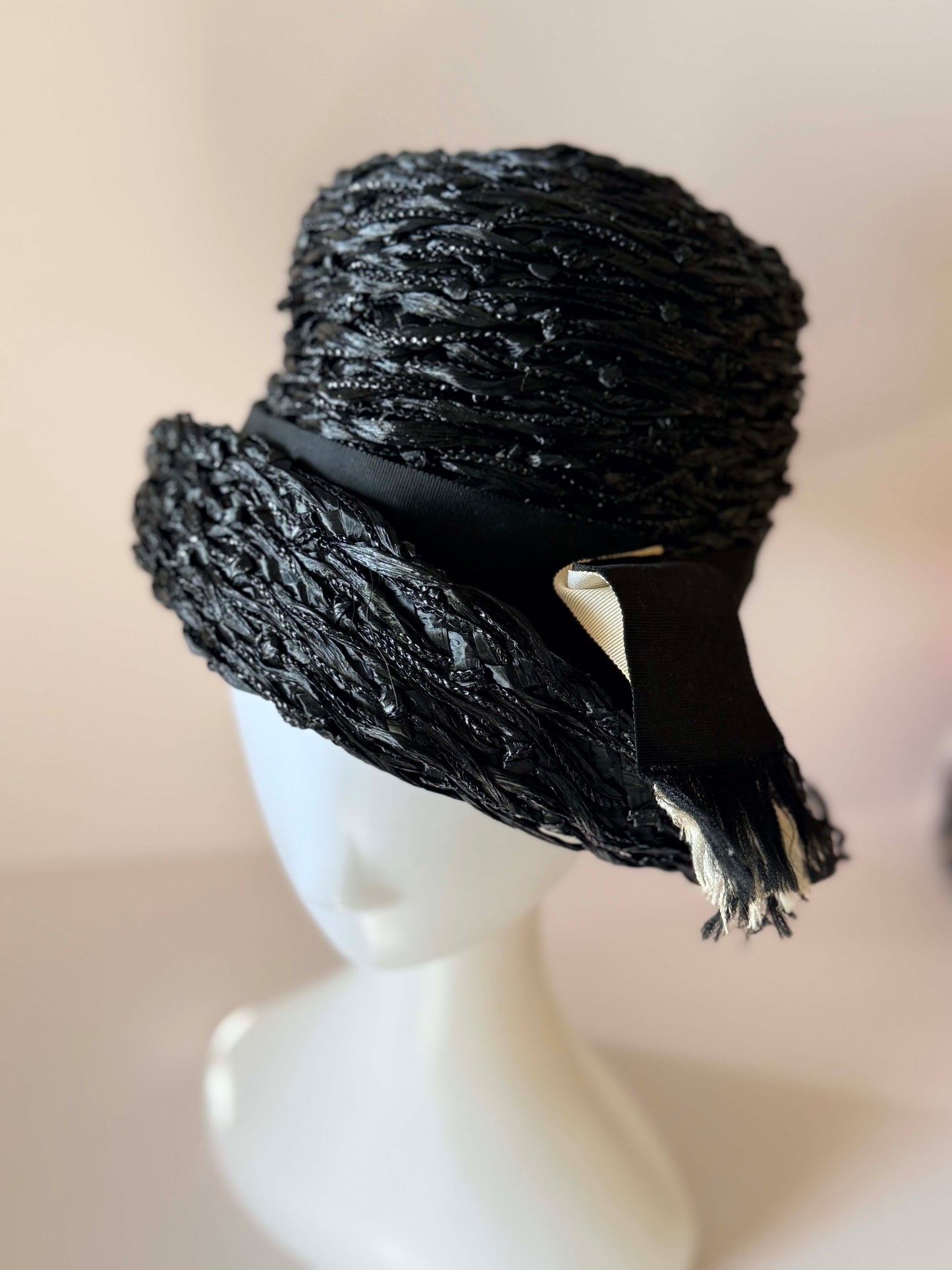 Vintage Schiaparelli Black Raffia Tilt Hat | 1950s Couture Cocktail Hat | Sculptural Italian Straw Fascinator