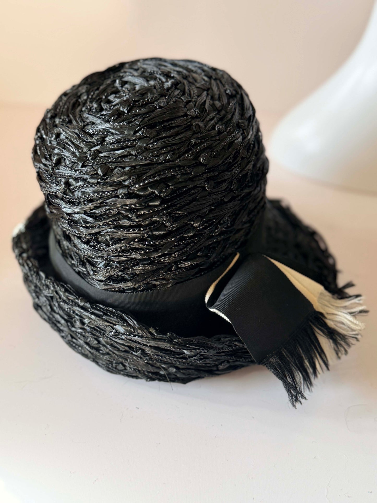 Vintage Schiaparelli Black Raffia Tilt Hat | 1950s Couture Cocktail Hat | Sculptural Italian Straw Fascinator