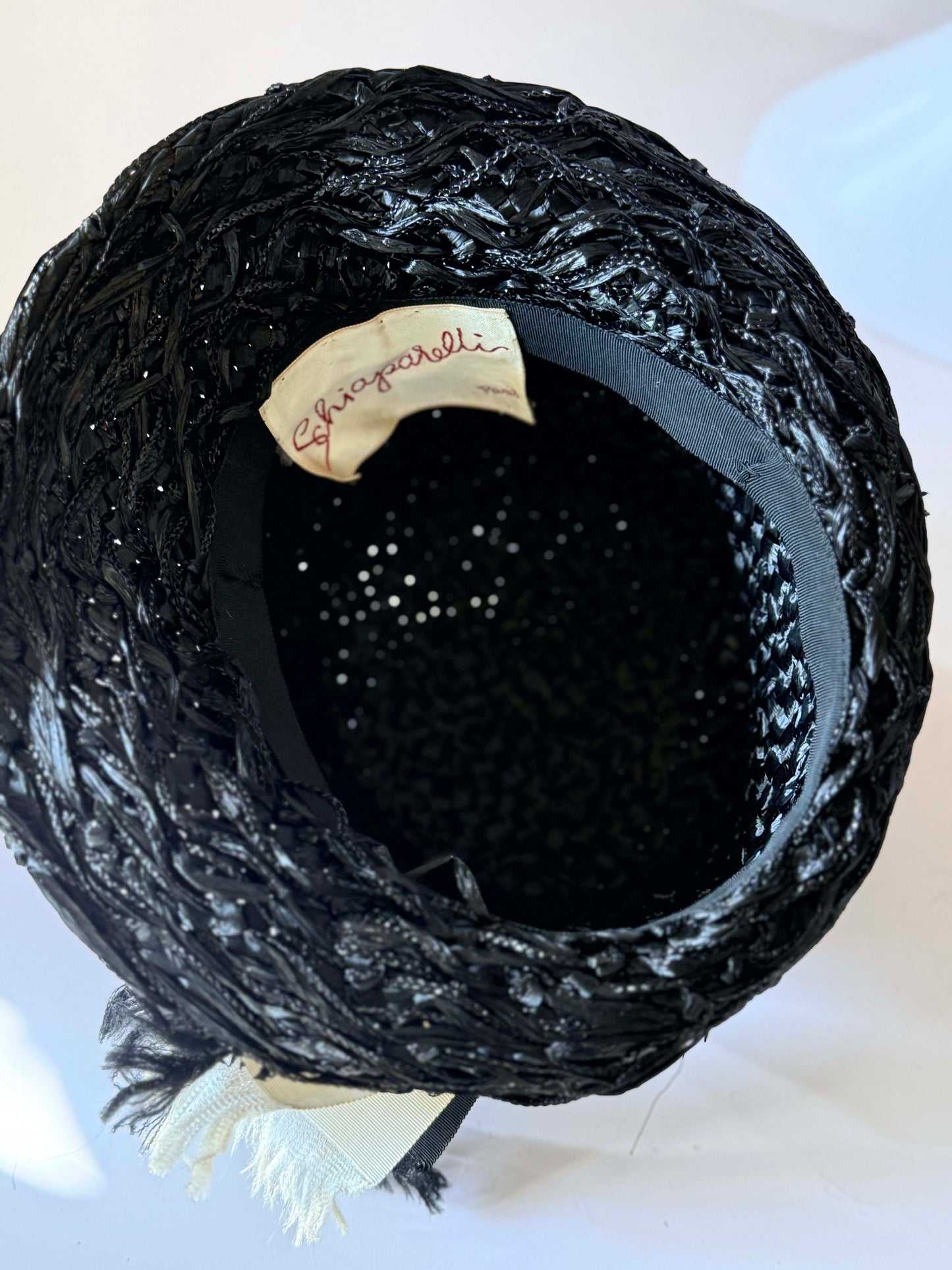 Vintage Schiaparelli Black Raffia Tilt Hat | 1950s Couture Cocktail Hat | Sculptural Italian Straw Fascinator