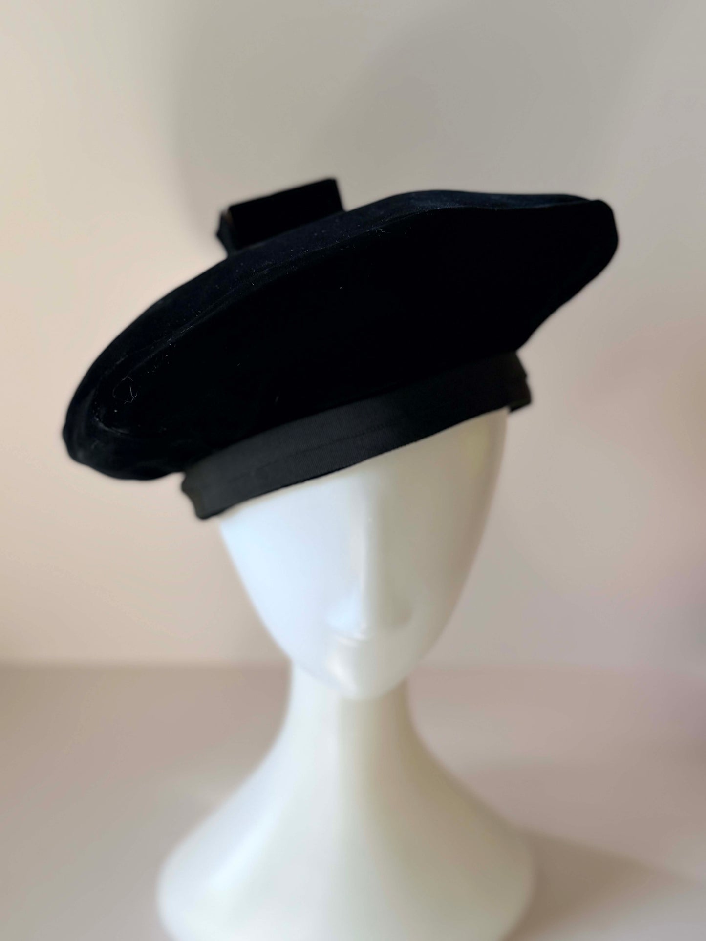 Vintage Adolfo II Black Velvet Beret Hat | Sculptural 1960s Avant Garde Cocktail Hat | Designer Architectural Millinery