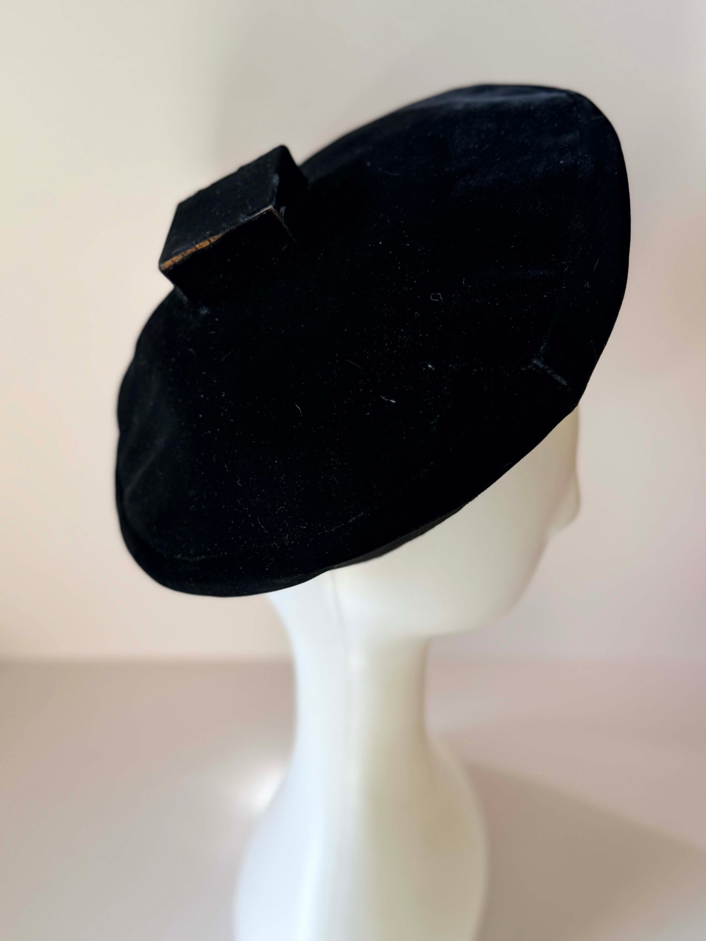 Vintage Adolfo II Black Velvet Beret Hat | Sculptural 1960s Avant Garde Cocktail Hat | Designer Architectural Millinery