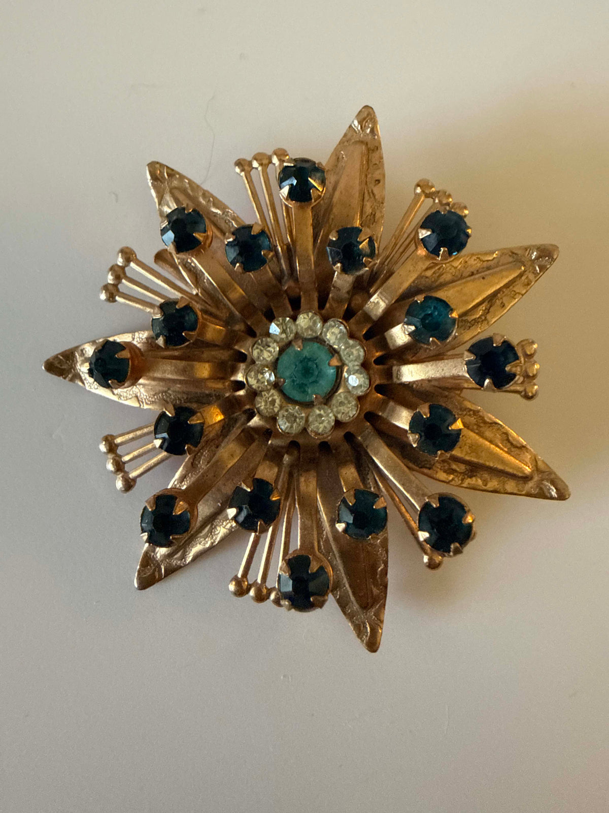 Vintage 1950s Starburst Brooch Gold Tone Blue Rhinestone Aqua Crystal Atomic Sputnik Mid Century Modern Costume Jewelry Pin