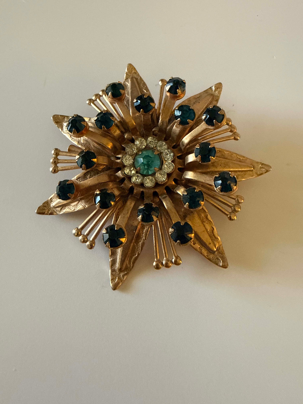 Vintage 1950s Starburst Brooch Gold Tone Blue Rhinestone Aqua Crystal Atomic Sputnik Mid Century Modern Costume Jewelry Pin