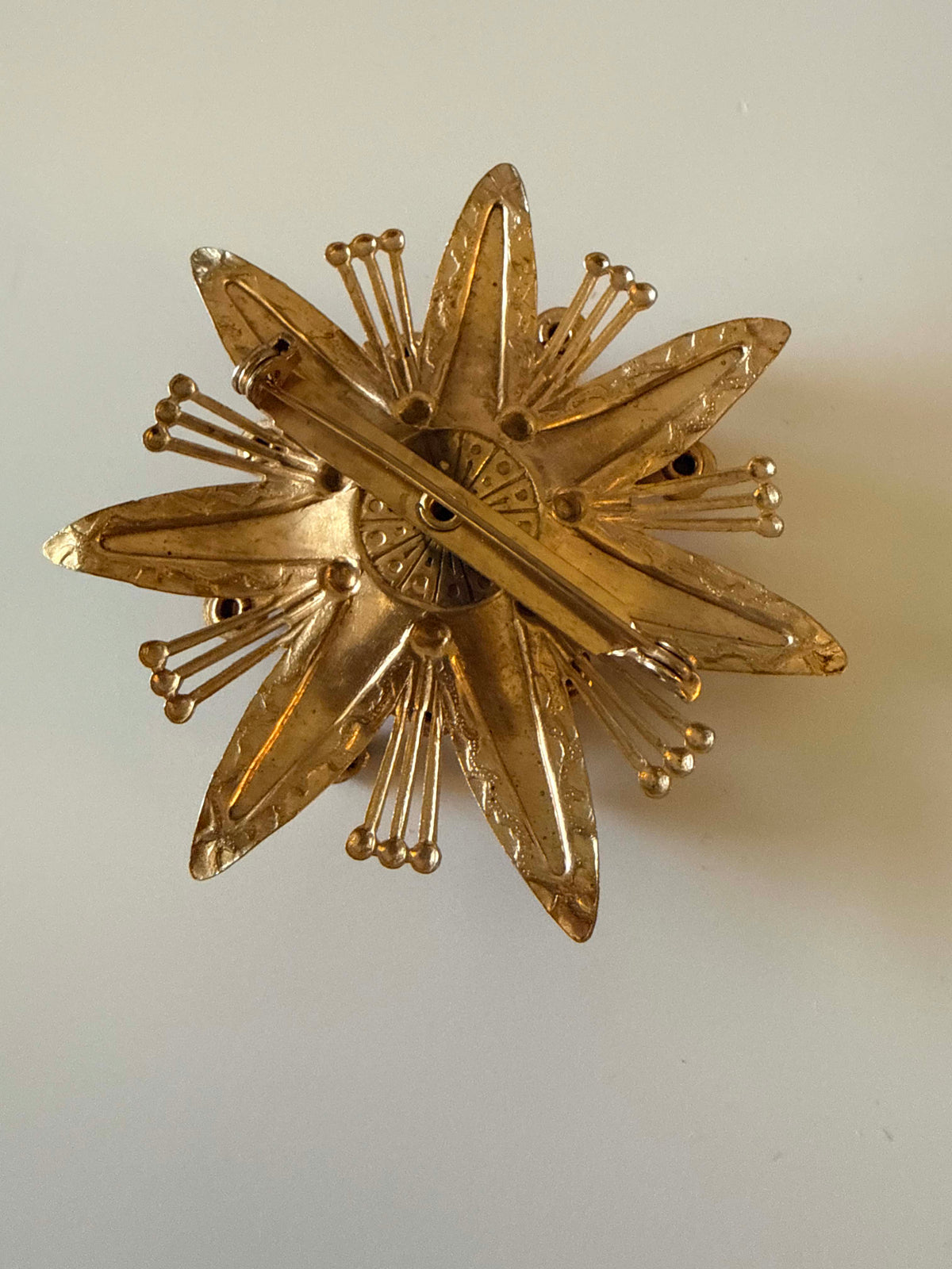 Vintage 1950s Starburst Brooch Gold Tone Blue Rhinestone Aqua Crystal Atomic Sputnik Mid Century Modern Costume Jewelry Pin