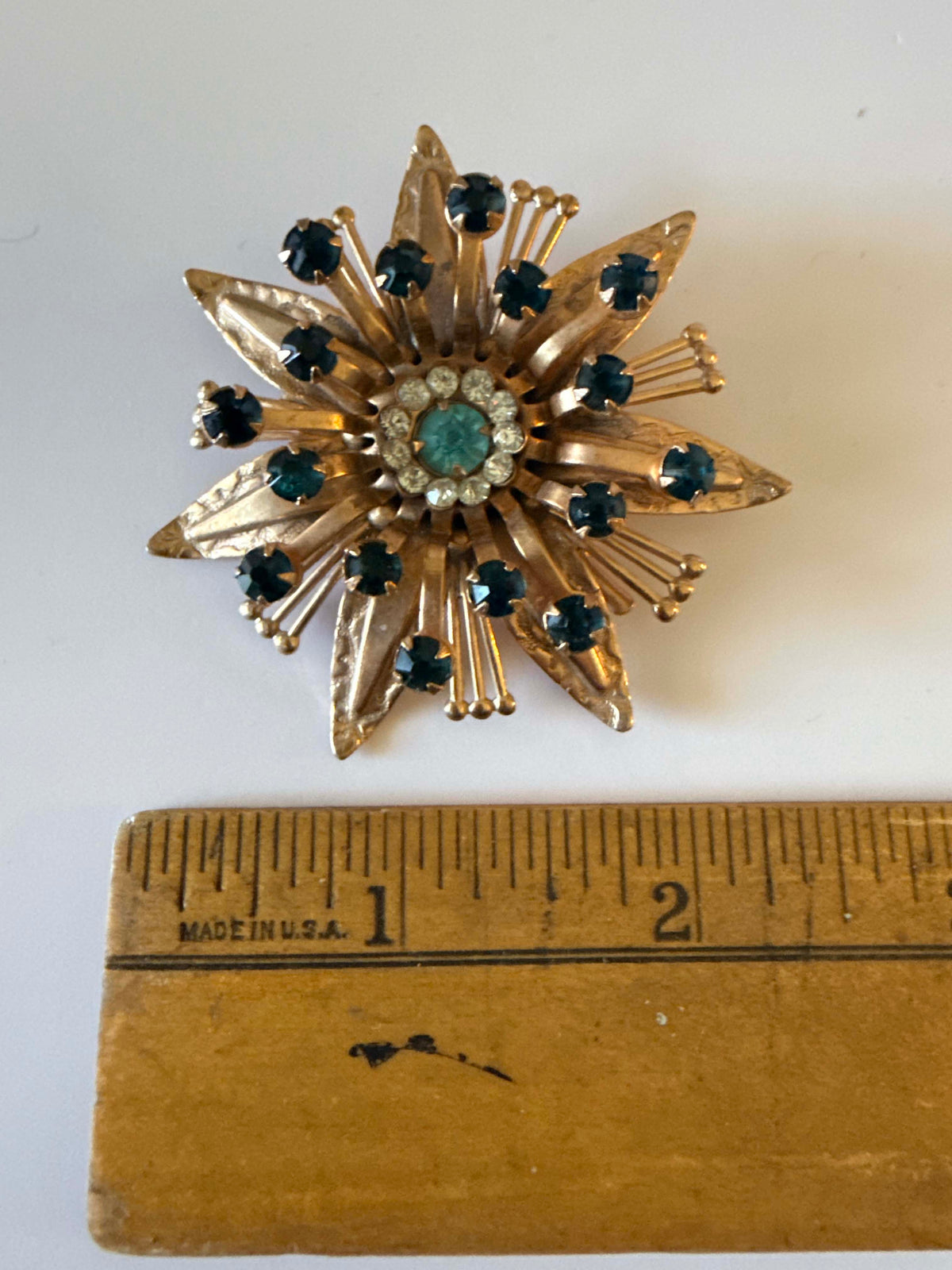 Vintage 1950s Starburst Brooch Gold Tone Blue Rhinestone Aqua Crystal Atomic Sputnik Mid Century Modern Costume Jewelry Pin
