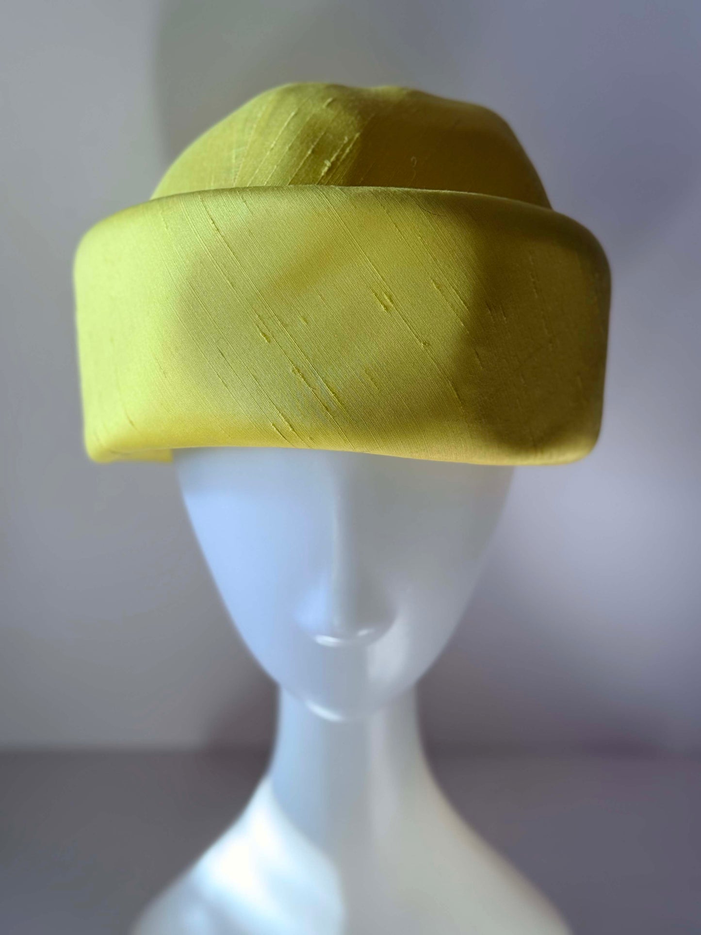 1960s Lemon Yellow Silk Pillbox Hat | Vintage Mod Halo Hat | Sculptural Minimalist Cocktail Hat | Jackie Kennedy Style