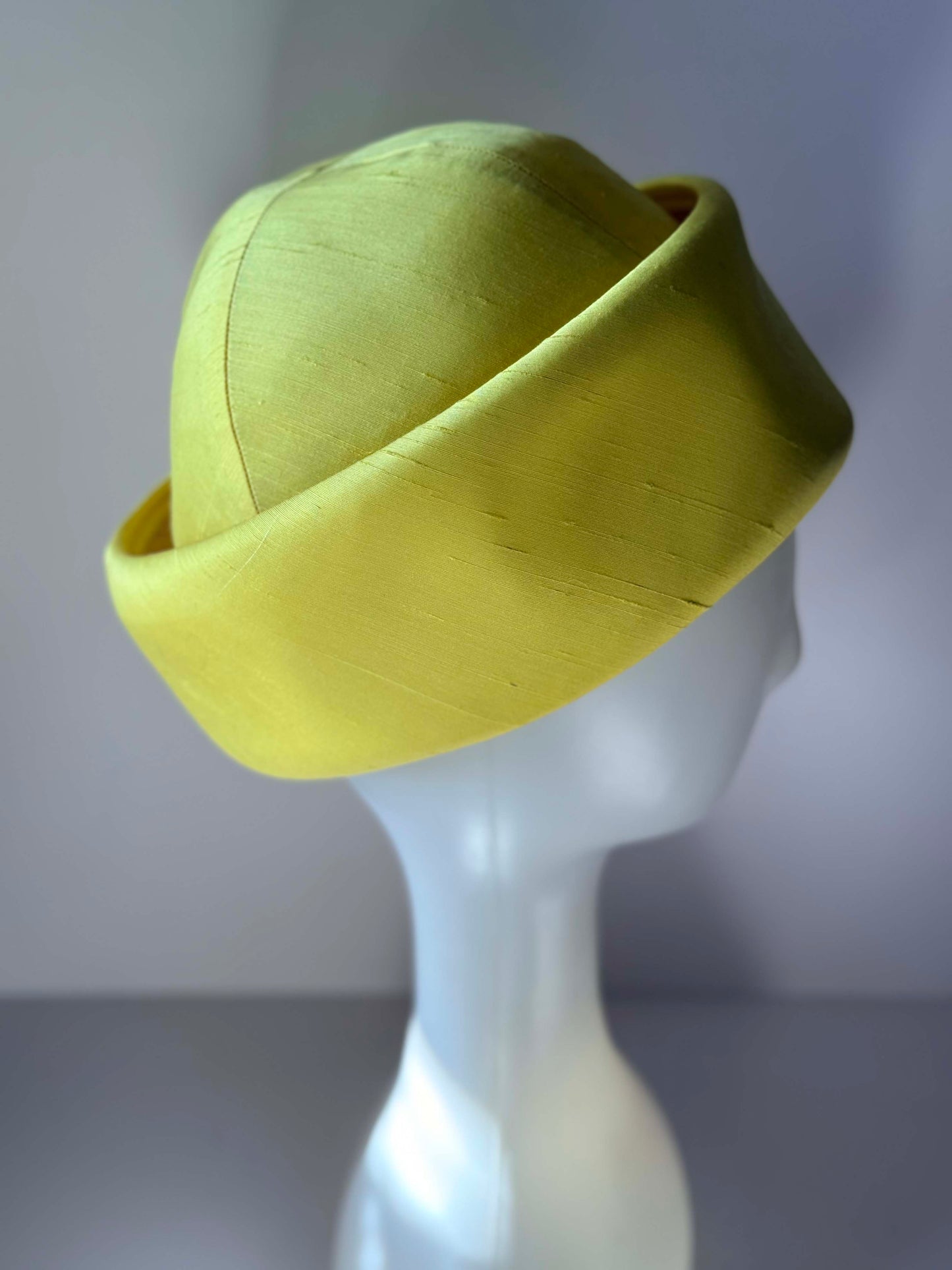 1960s Lemon Yellow Silk Pillbox Hat | Vintage Mod Halo Hat | Sculptural Minimalist Cocktail Hat | Jackie Kennedy Style