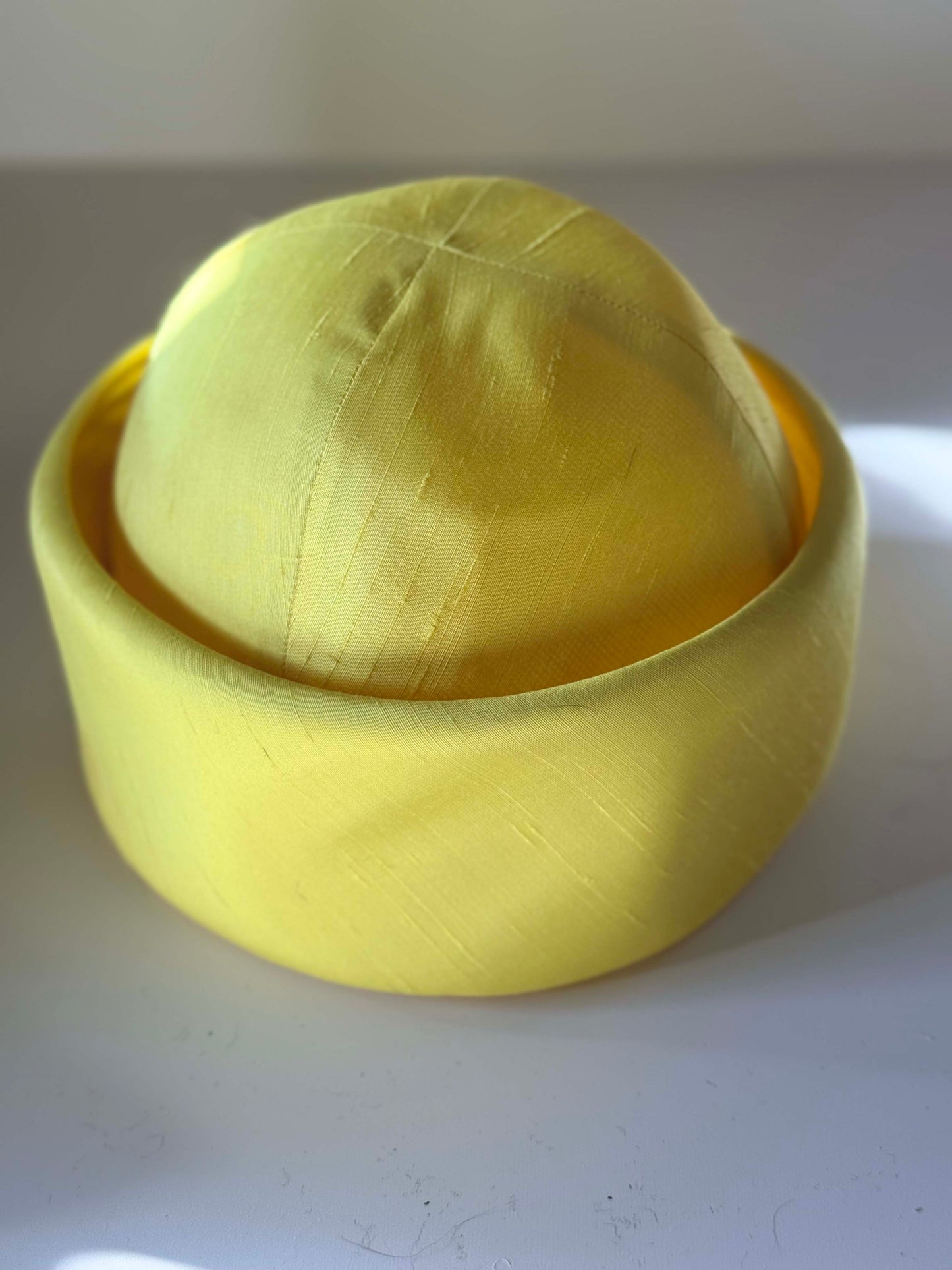 1960s Lemon Yellow Silk Pillbox Hat | Vintage Mod Halo Hat | Sculptural Minimalist Cocktail Hat | Jackie Kennedy Style