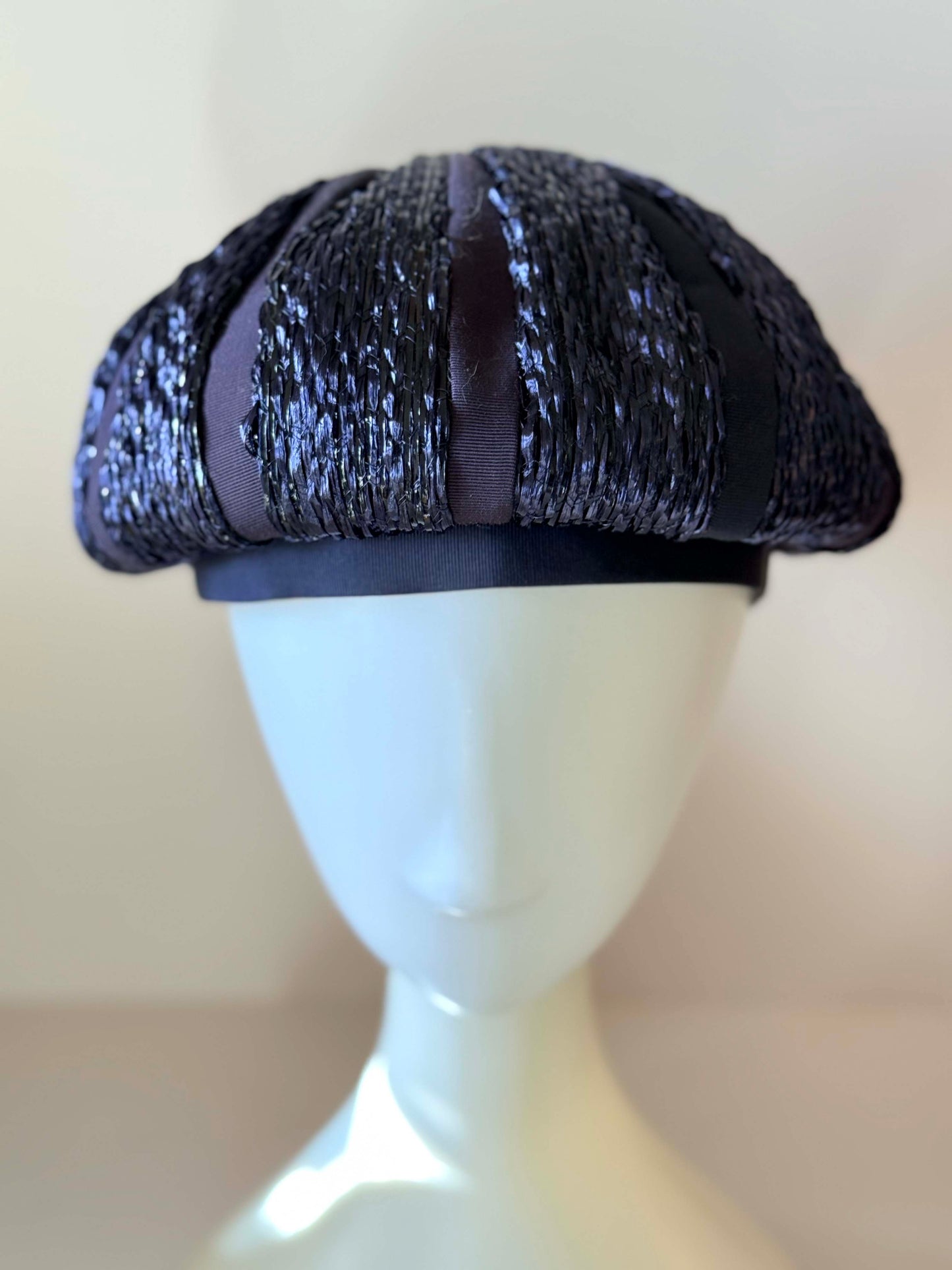Vintage Dark Navy Raffia Cocktail Hat | Marshall Field & Company Structured Toque | 1950s Sculptural Straw Hat with Bow | Minimalist Mid Century Millinery