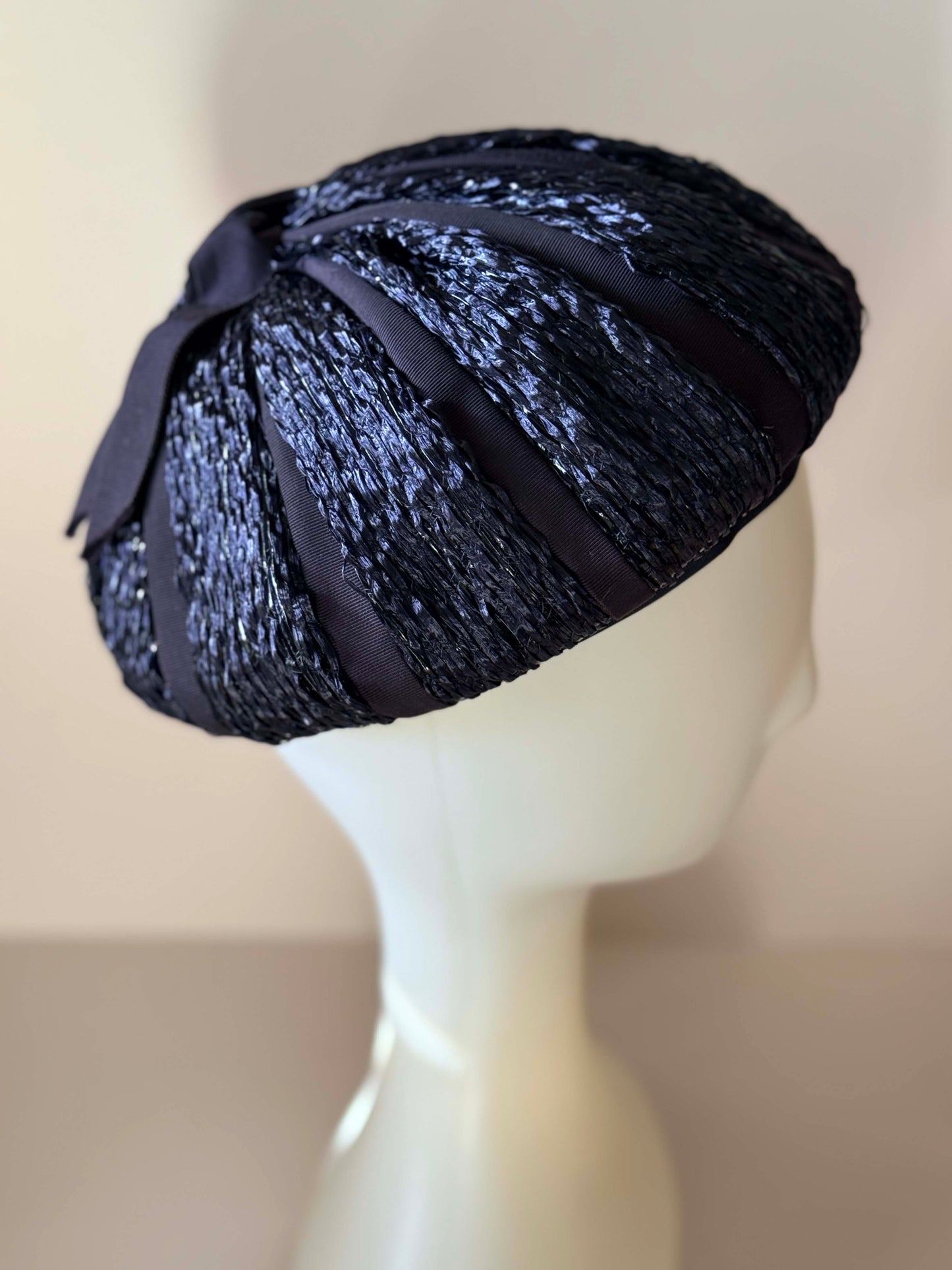 Vintage Dark Navy Raffia Cocktail Hat | Marshall Field & Company Structured Toque | 1950s Sculptural Straw Hat with Bow | Minimalist Mid Century Millinery