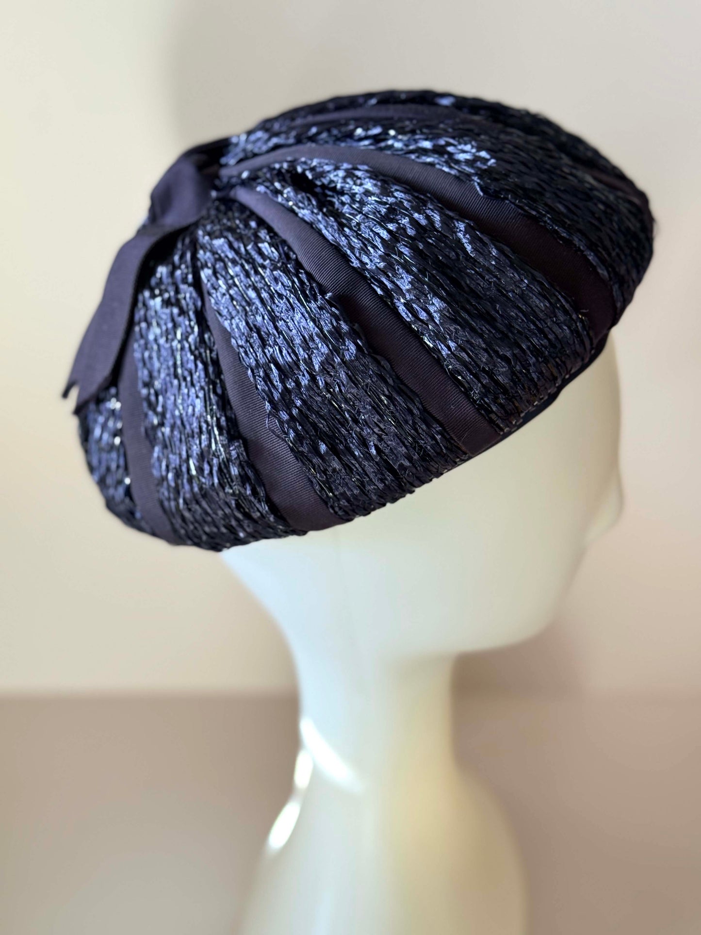 Vintage Dark Navy Raffia Cocktail Hat | Marshall Field & Company Structured Toque | 1950s Sculptural Straw Hat with Bow | Minimalist Mid Century Millinery