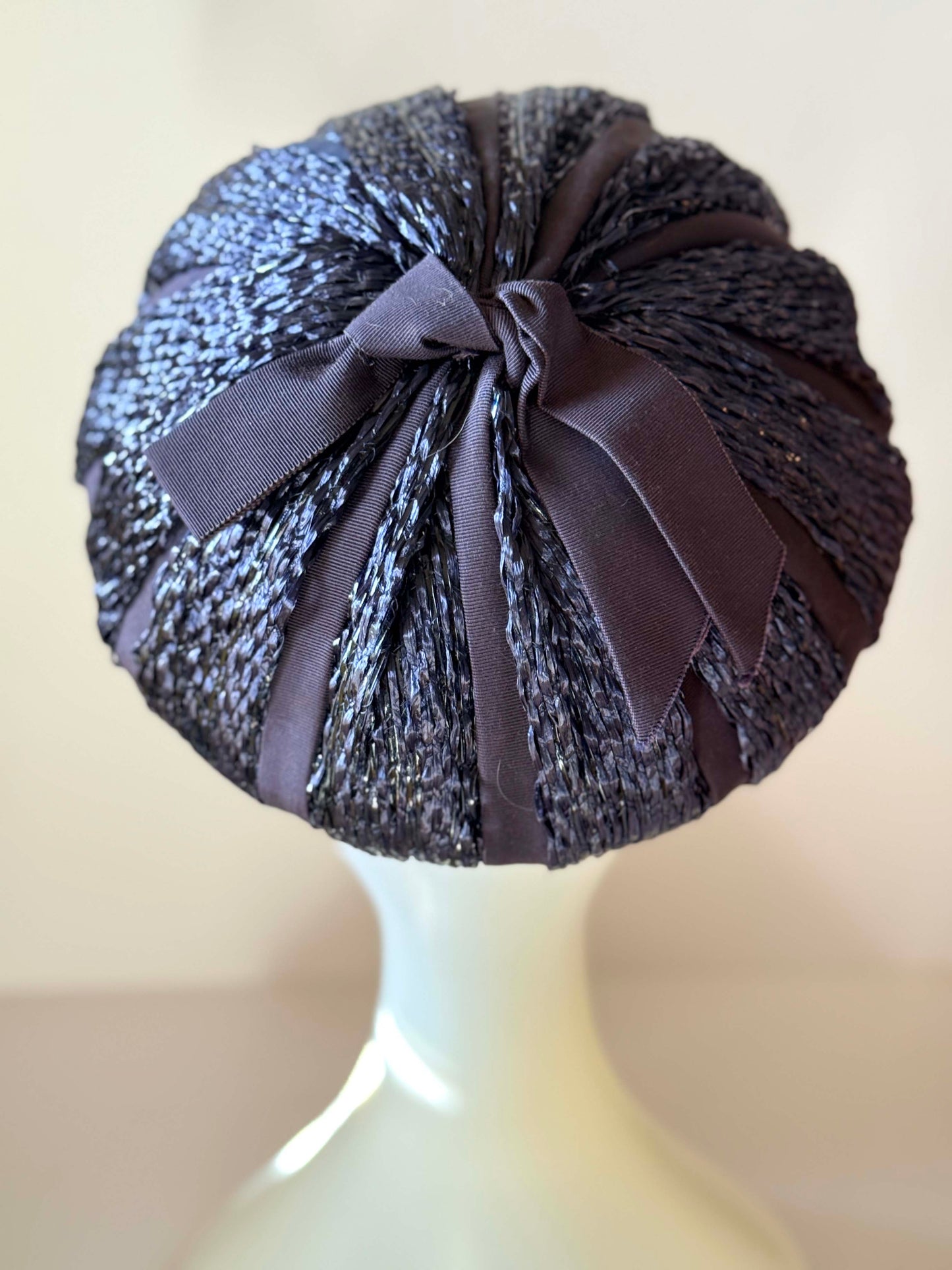 Vintage Dark Navy Raffia Cocktail Hat | Marshall Field & Company Structured Toque | 1950s Sculptural Straw Hat with Bow | Minimalist Mid Century Millinery