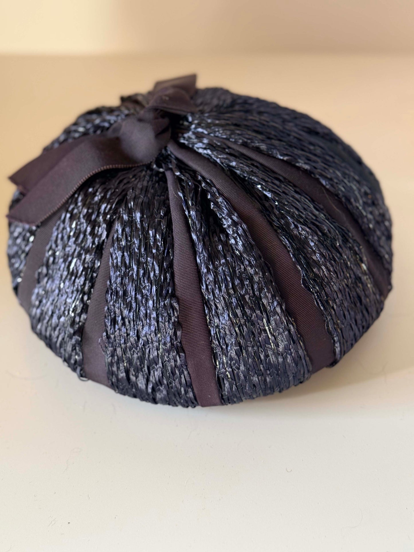 Vintage Dark Navy Raffia Cocktail Hat | Marshall Field & Company Structured Toque | 1950s Sculptural Straw Hat with Bow | Minimalist Mid Century Millinery