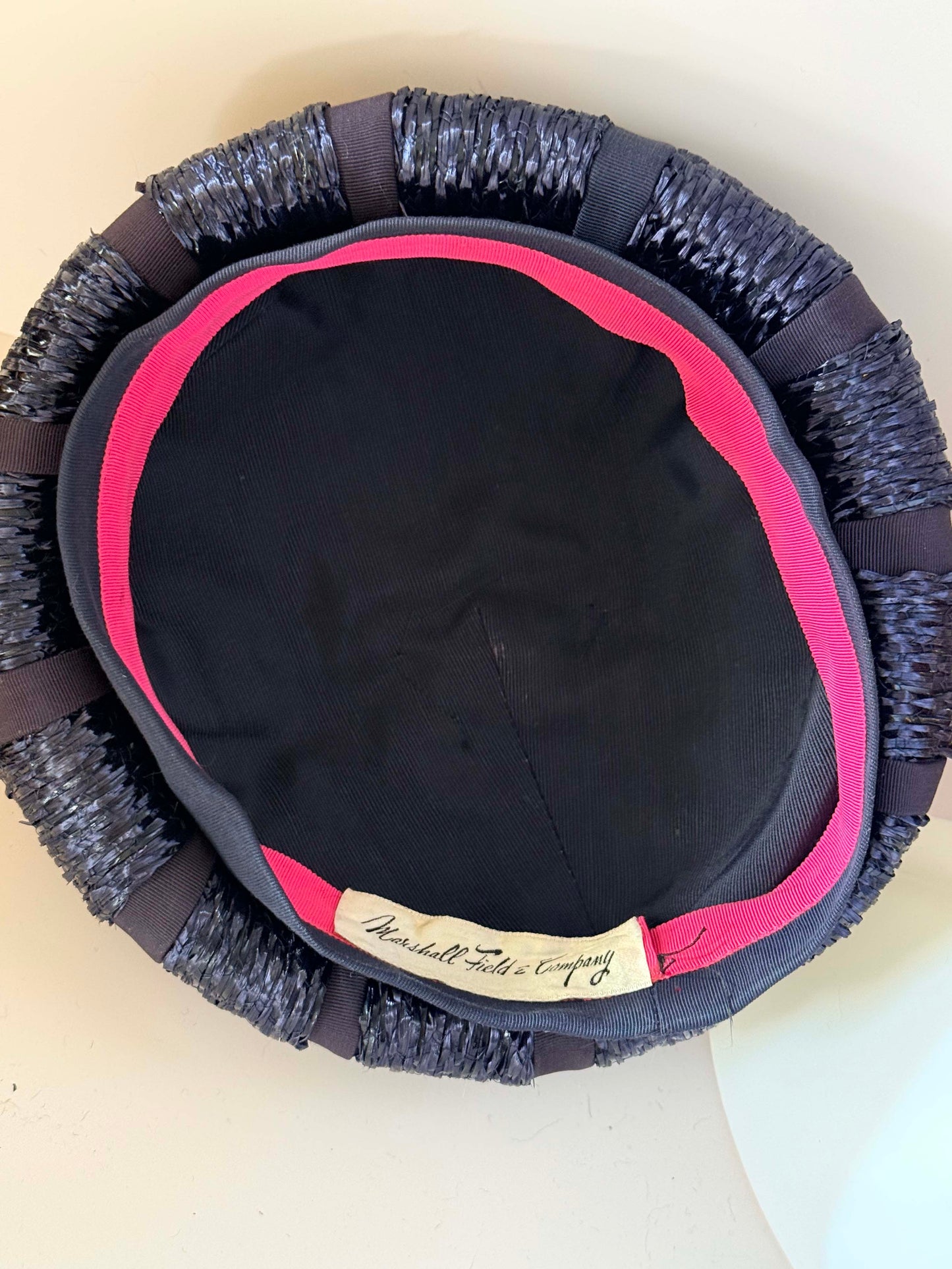 Vintage Dark Navy Raffia Cocktail Hat | Marshall Field & Company Structured Toque | 1950s Sculptural Straw Hat with Bow | Minimalist Mid Century Millinery