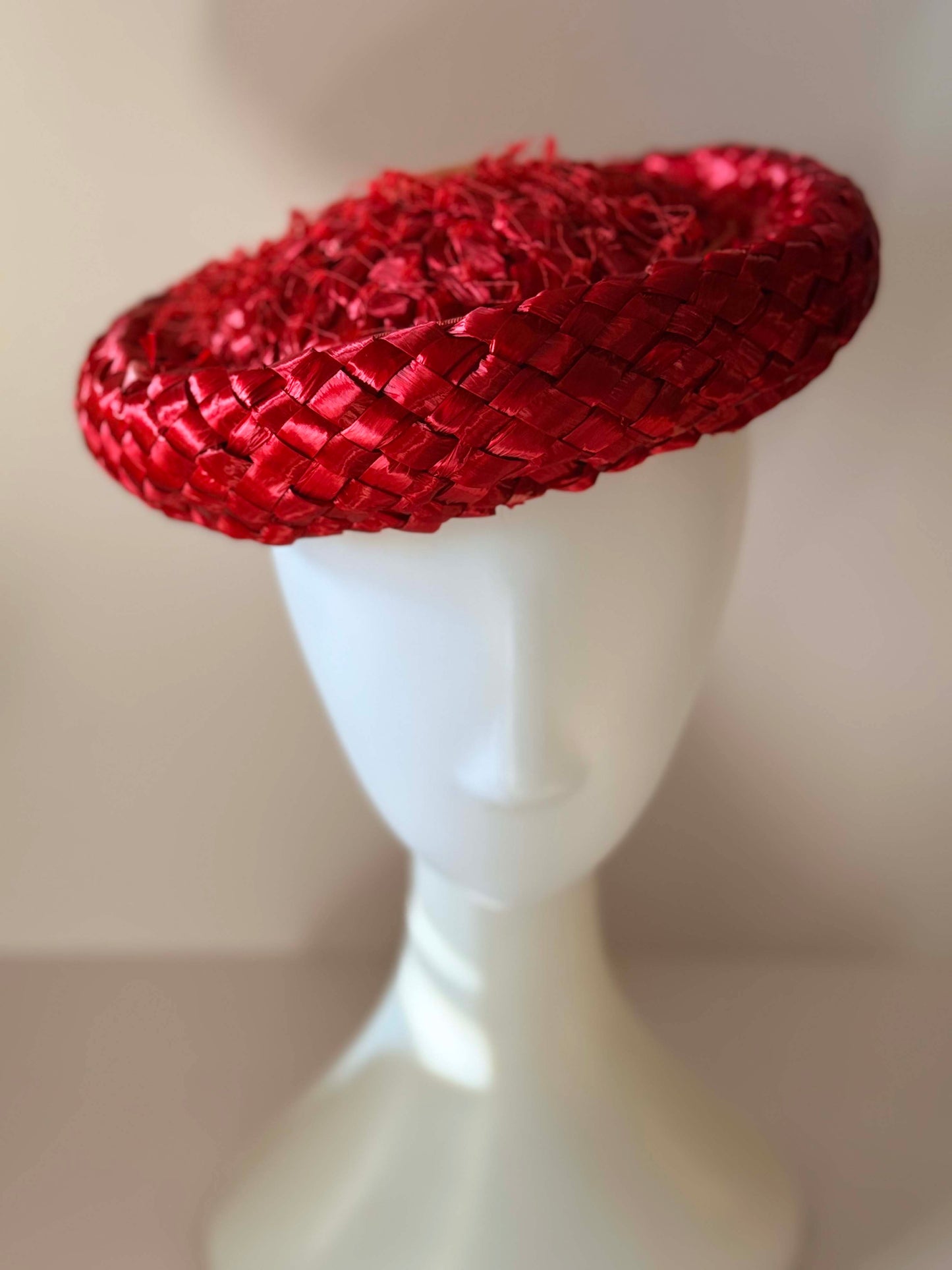 Vintage Red Raffia Tilt Hat | 1950s Scarlet Straw Cocktail Hat | Boater Fascinator | Mid Century Statement Hat