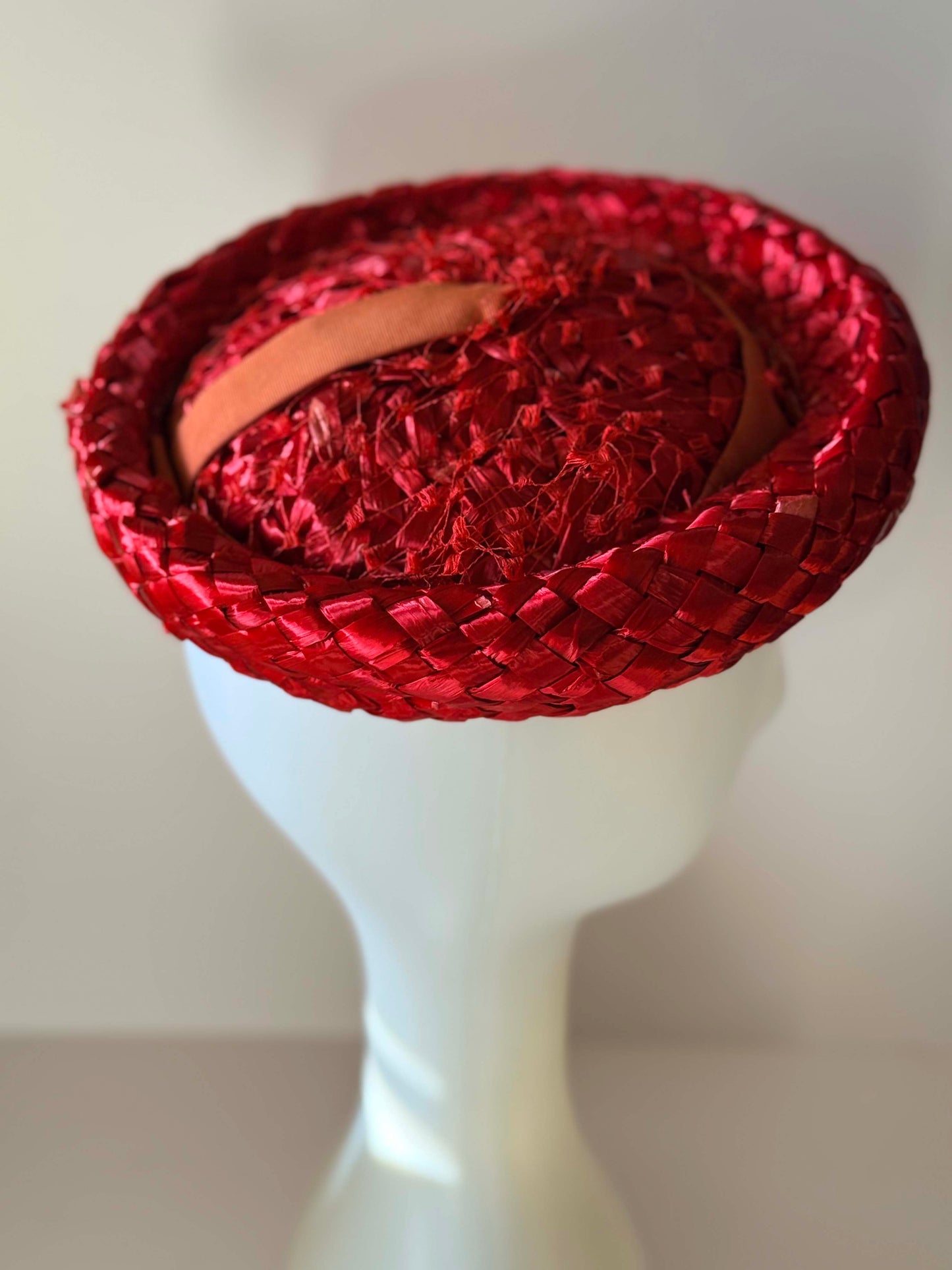 Vintage Red Raffia Tilt Hat | 1950s Scarlet Straw Cocktail Hat | Boater Fascinator | Mid Century Statement Hat