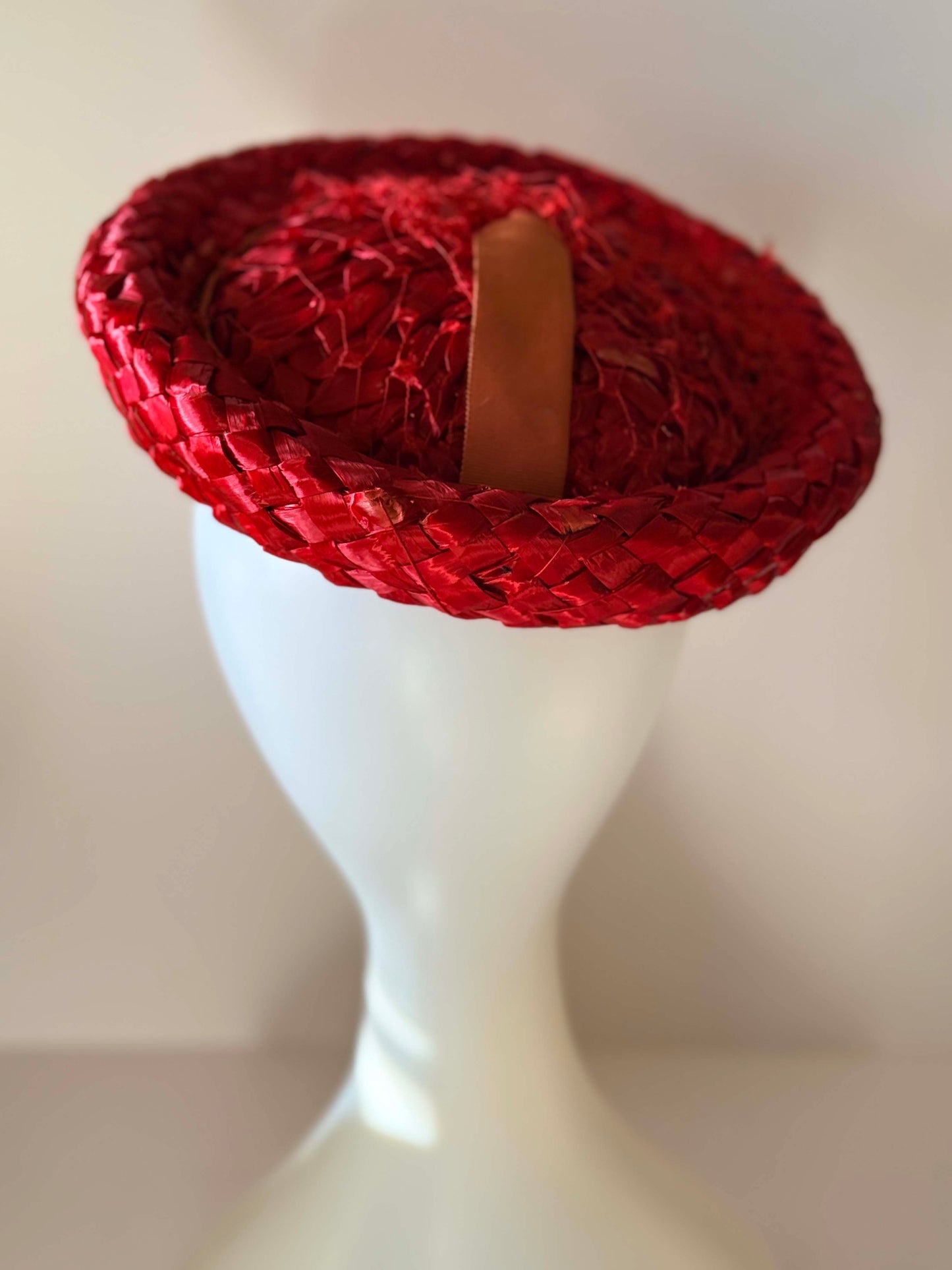 Vintage Red Raffia Tilt Hat | 1950s Scarlet Straw Cocktail Hat | Boater Fascinator | Mid Century Statement Hat