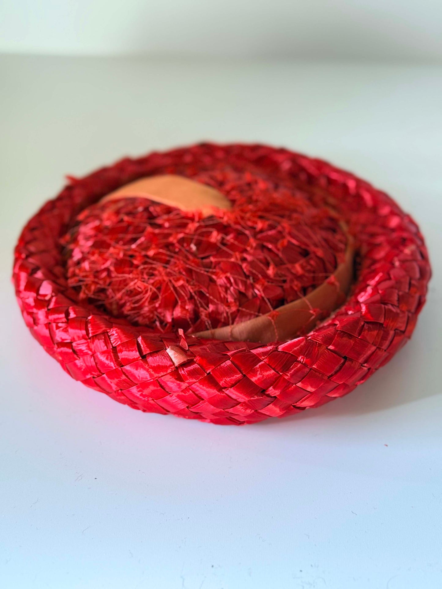 Vintage Red Raffia Tilt Hat | 1950s Scarlet Straw Cocktail Hat | Boater Fascinator | Mid Century Statement Hat