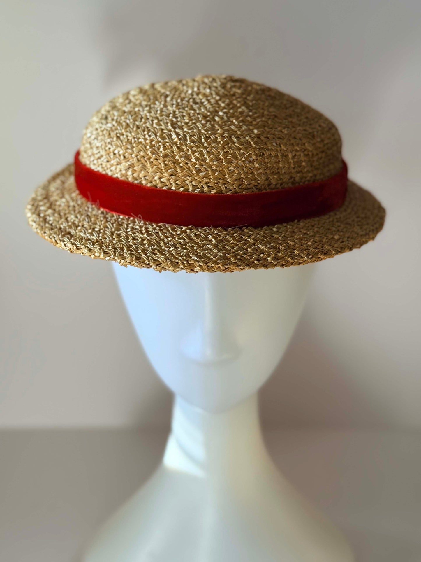 Vintage Straw Boater Hat | 1950s Raffia Breton Hat with Red Velvet Ribbon | French Riviera Summer Hat | Mid Century Straw Millinery