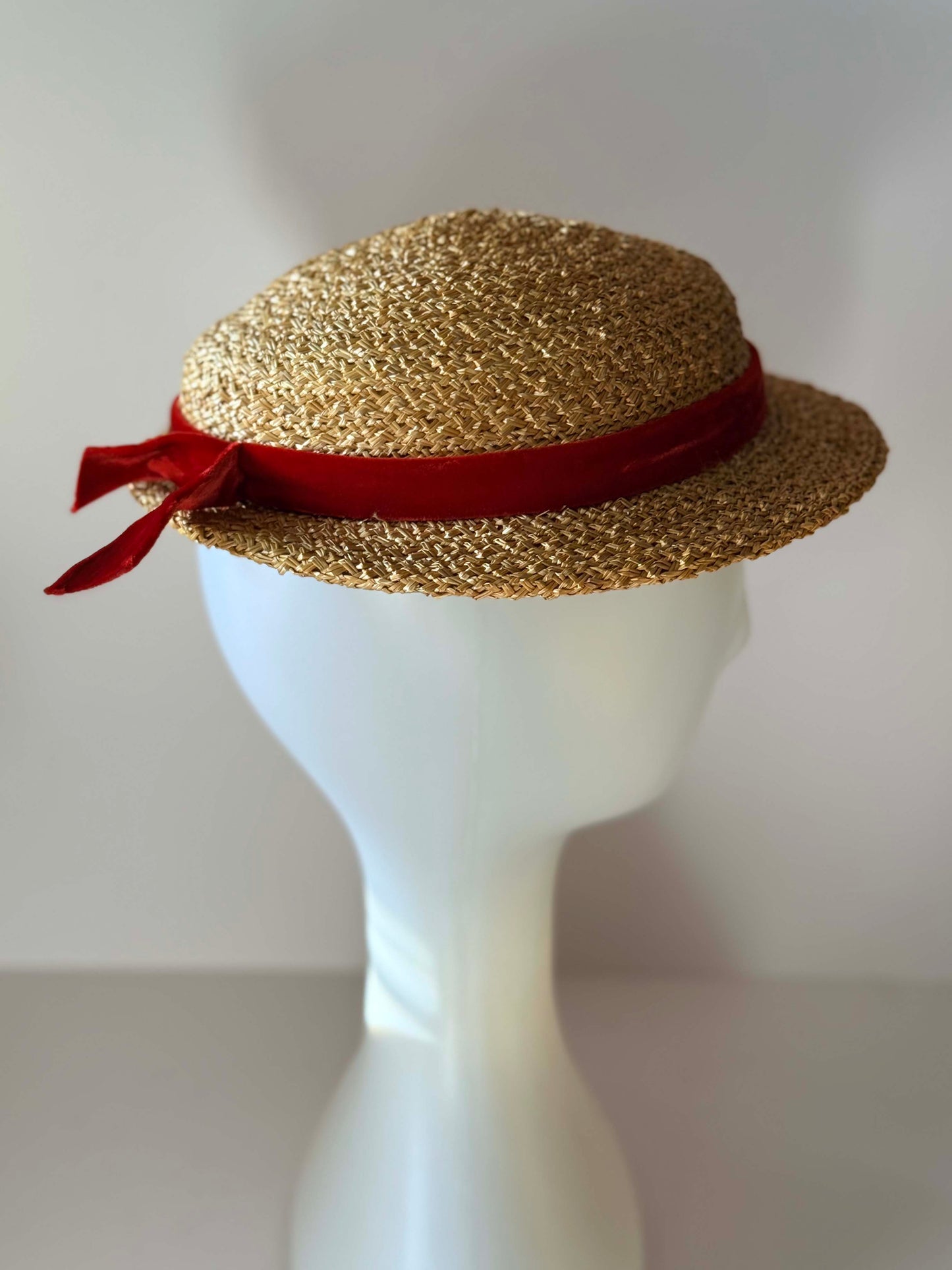Vintage Straw Boater Hat | 1950s Raffia Breton Hat with Red Velvet Ribbon | French Riviera Summer Hat | Mid Century Straw Millinery