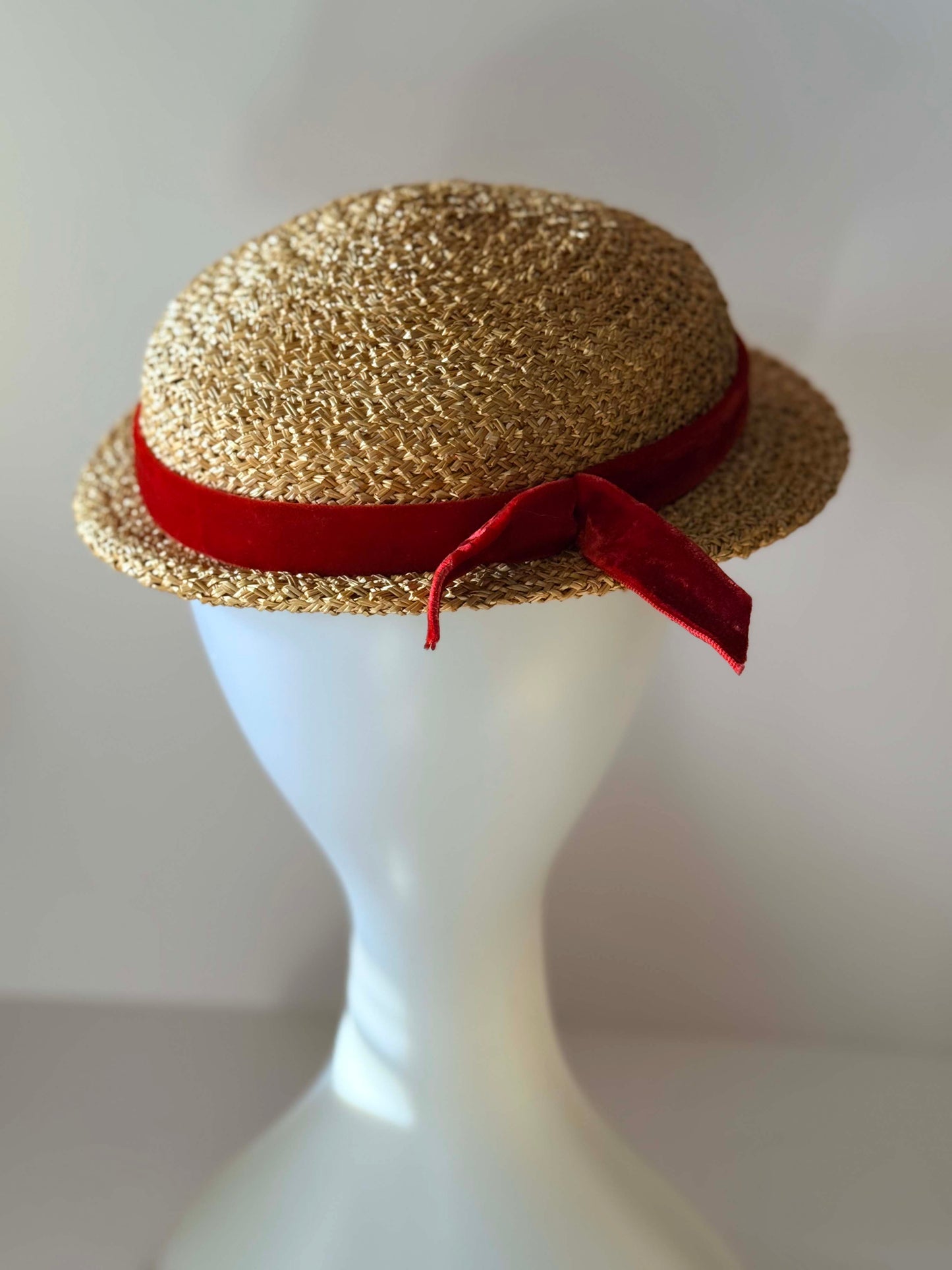 Vintage Straw Boater Hat | 1950s Raffia Breton Hat with Red Velvet Ribbon | French Riviera Summer Hat | Mid Century Straw Millinery