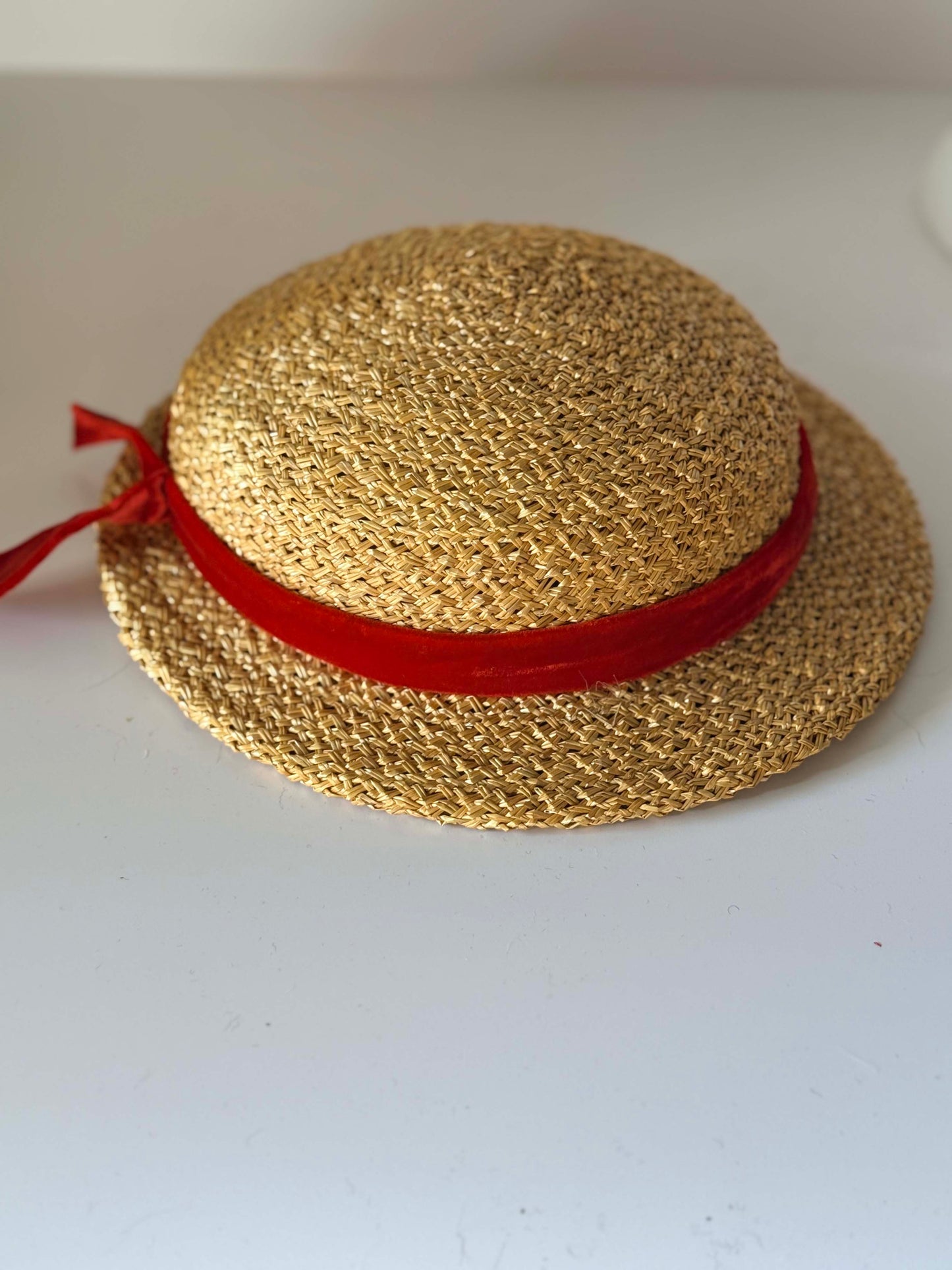 Vintage Straw Boater Hat | 1950s Raffia Breton Hat with Red Velvet Ribbon | French Riviera Summer Hat | Mid Century Straw Millinery