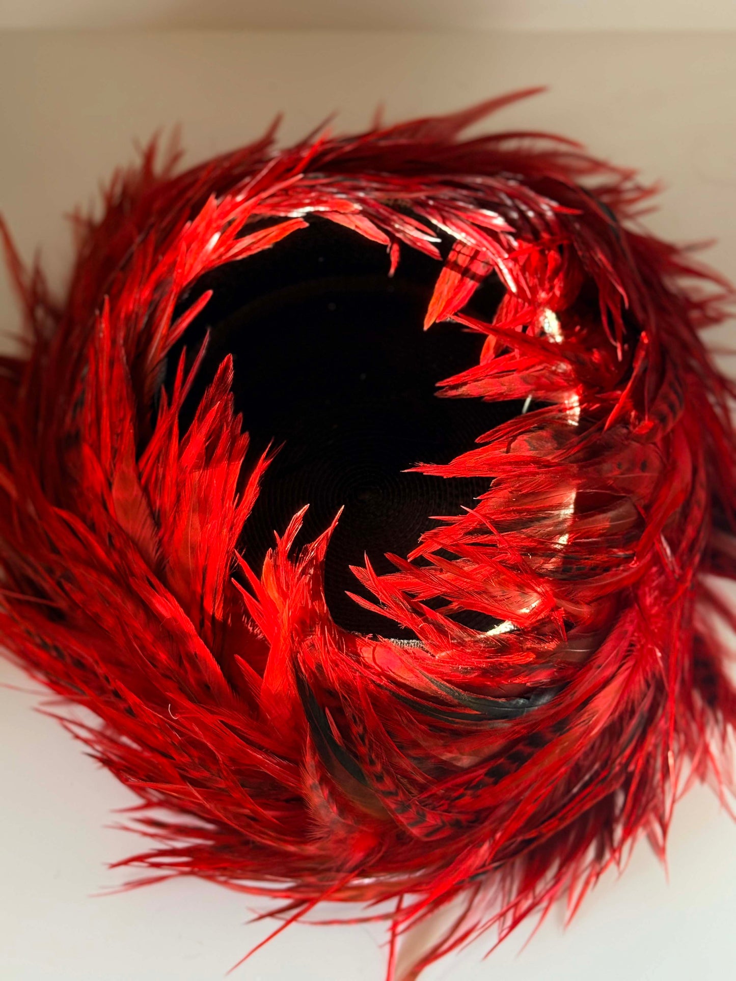 Vintage Red Feather Fascinator Hat | Dramatic Feather Halo Cocktail Hat | Avant Garde Statement Millinery | Burlesque Cabaret Headpiece