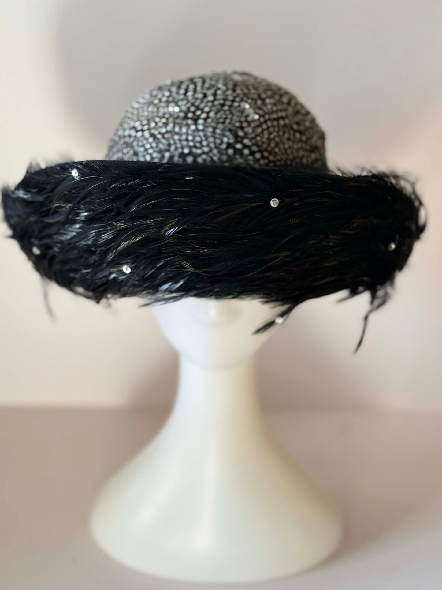 Vintage Jack McConnell Feather Hat | Black & White Guinea Feather Cocktail Hat | Rhinestone Trim Couture Millinery | Avant Garde Designer Fascinator