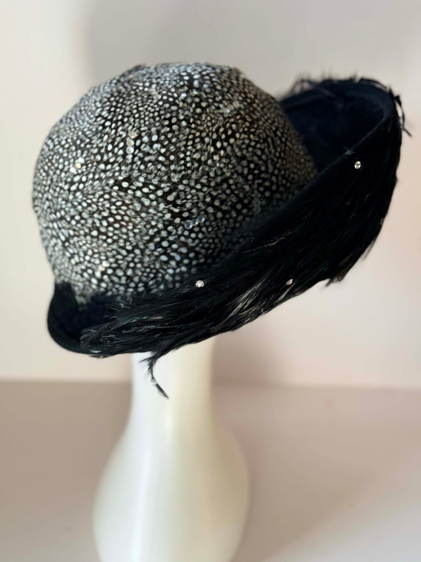 Vintage Jack McConnell Feather Hat | Black & White Guinea Feather Cocktail Hat | Rhinestone Trim Couture Millinery | Avant Garde Designer Fascinator