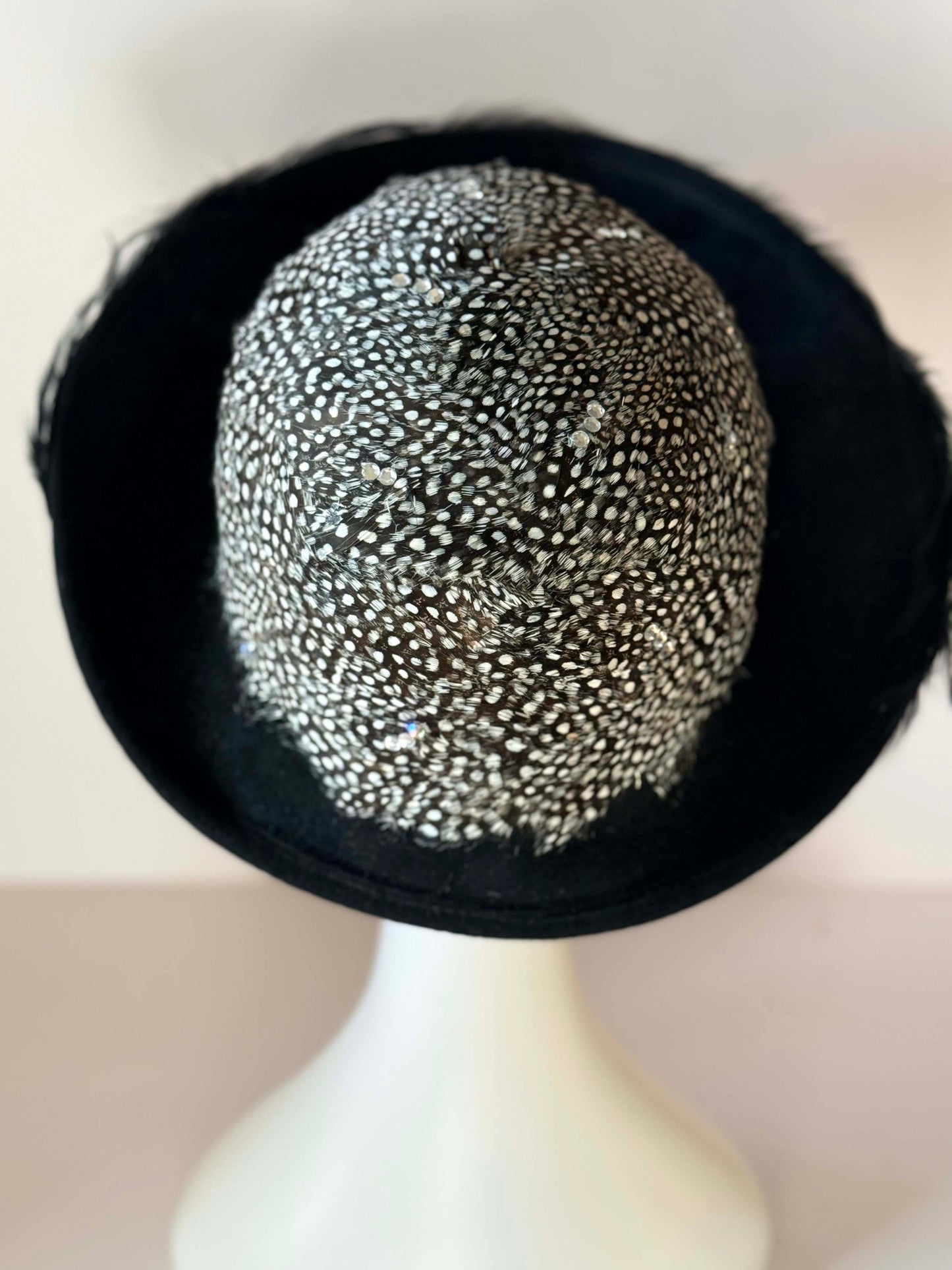 Vintage Jack McConnell Feather Hat | Black & White Guinea Feather Cocktail Hat | Rhinestone Trim Couture Millinery | Avant Garde Designer Fascinator