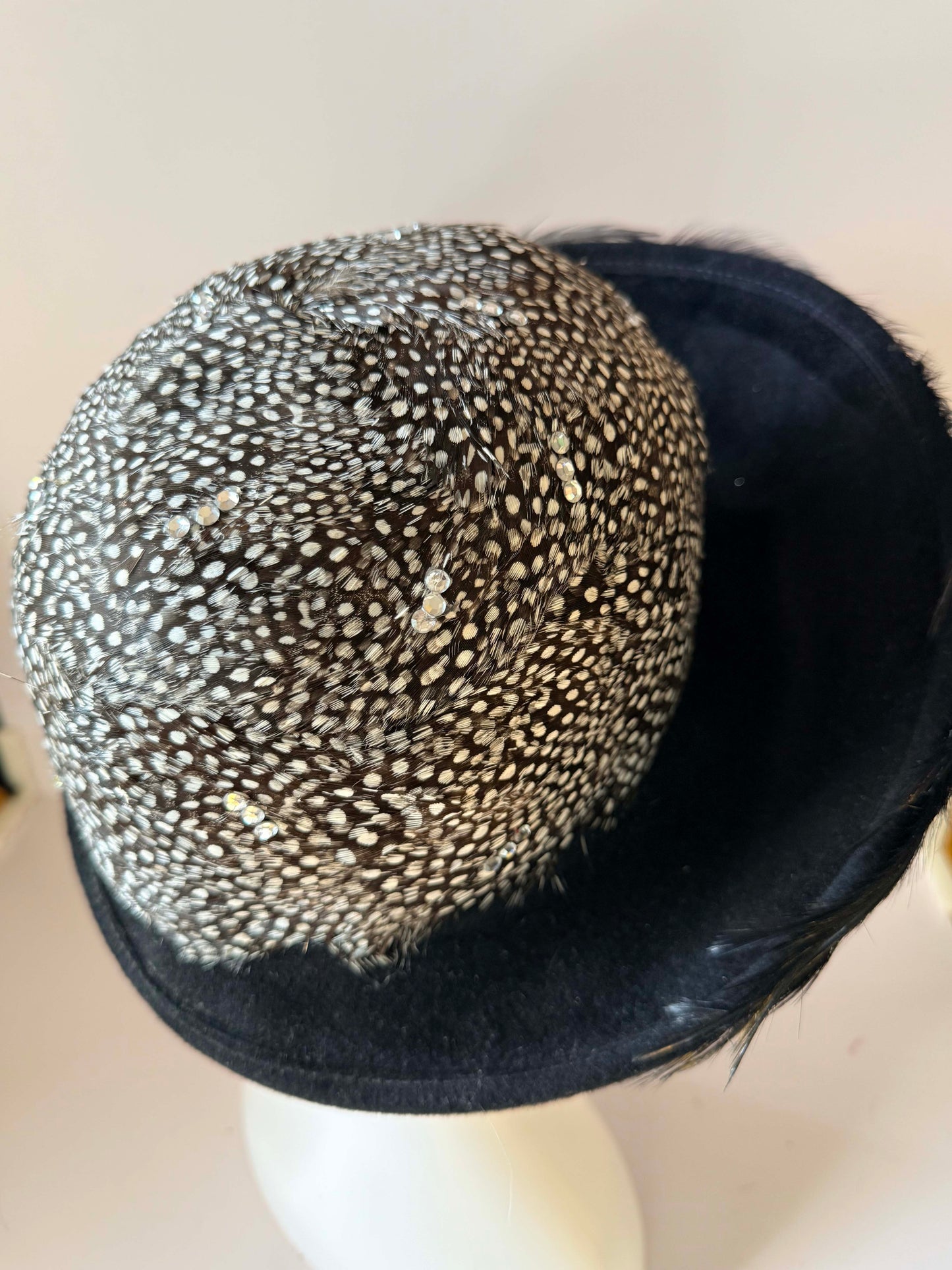 Vintage Jack McConnell Feather Hat | Black & White Guinea Feather Cocktail Hat | Rhinestone Trim Couture Millinery | Avant Garde Designer Fascinator